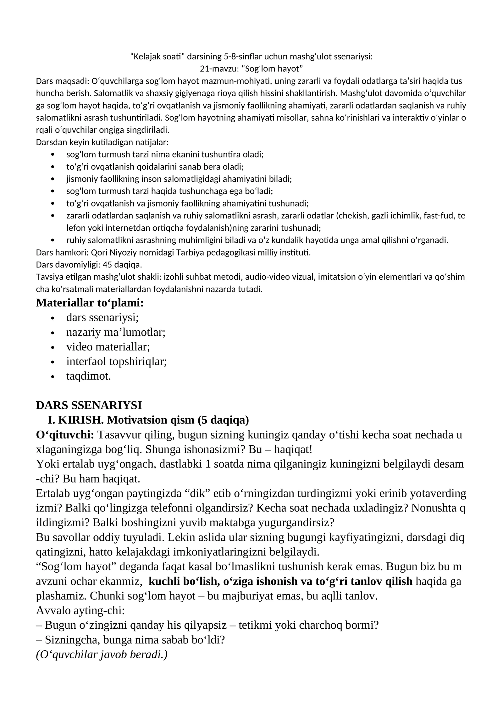 Kelajaksoati Darsining 5-8-sinflar Uchun Mashg'ulotlar Senariysi