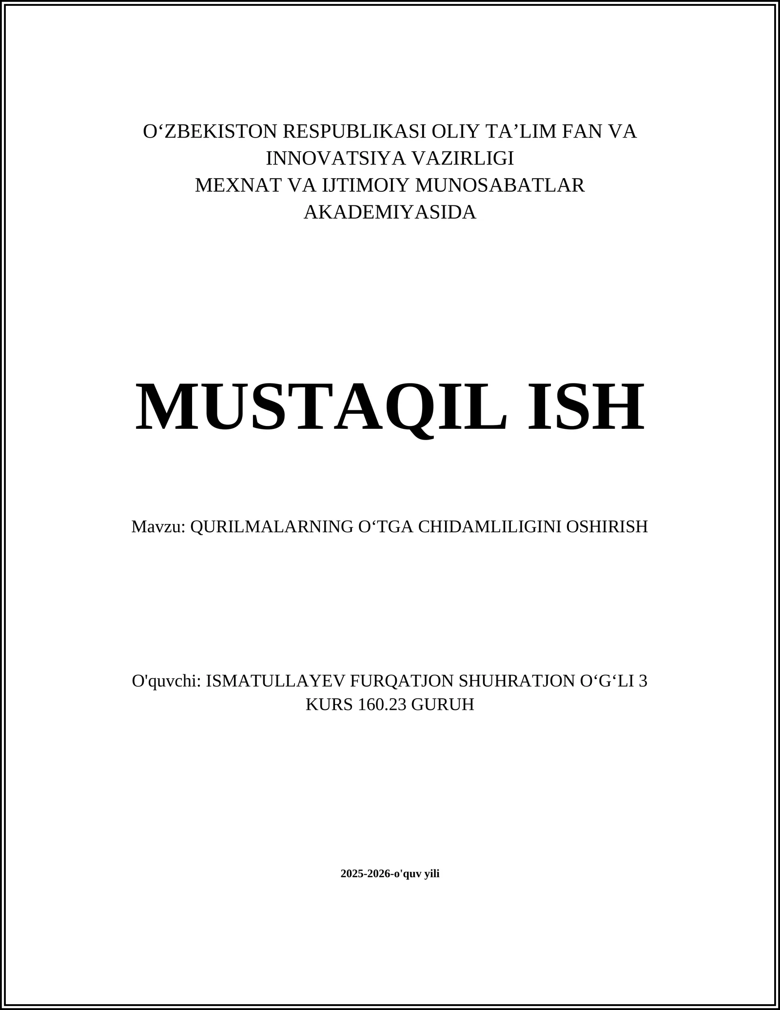 QURILMALARNING OʻTGA CHIDAMLILIGINI OSHIRISH