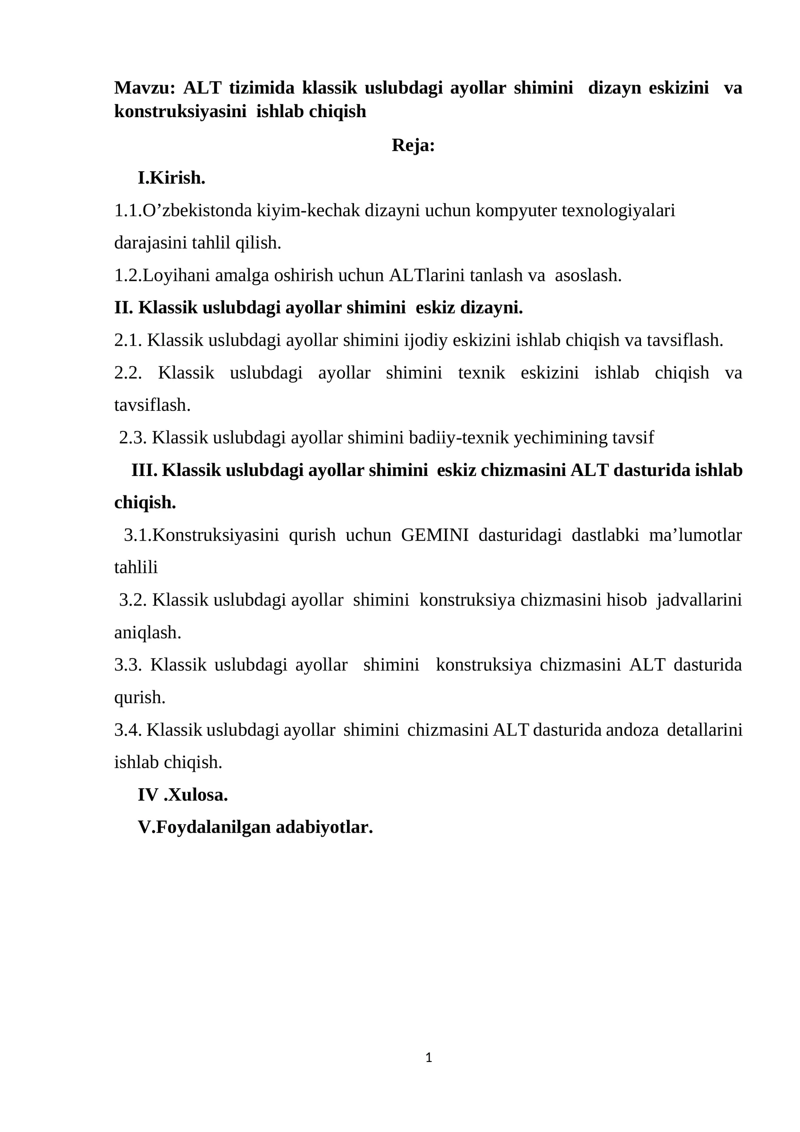 ALT tizimida klassik uslubdagi ayollar shimini dizayn eskizini va konstruksiyasini ishlab chiqish