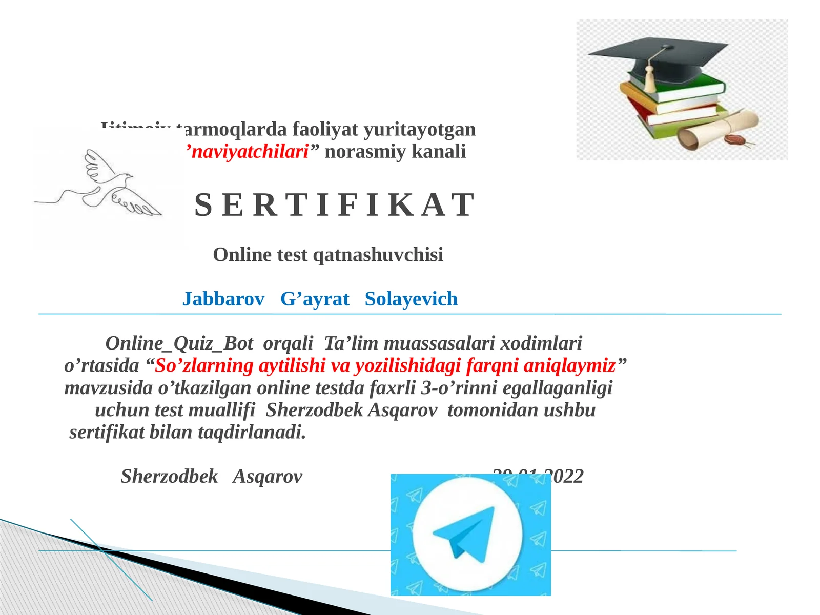 "So’zlarning aytilishi va yozilishidagi farqni aniqlaymiz" mavzusida o'tkazilgan onlinetest