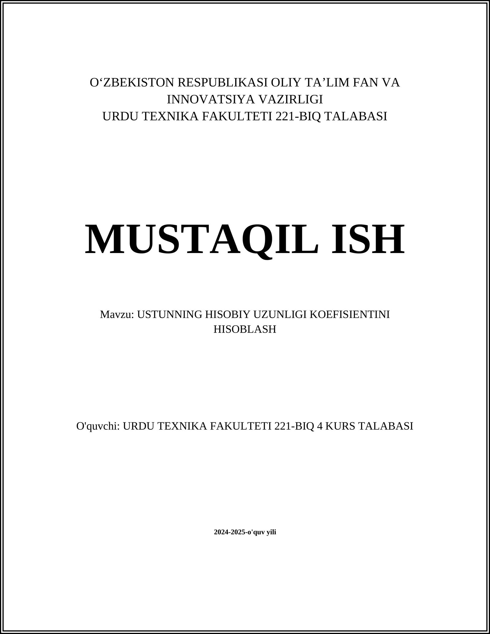 USTUNNING HISOBIY UZUNLIGI KOEFISIENTINI HISOBLASH