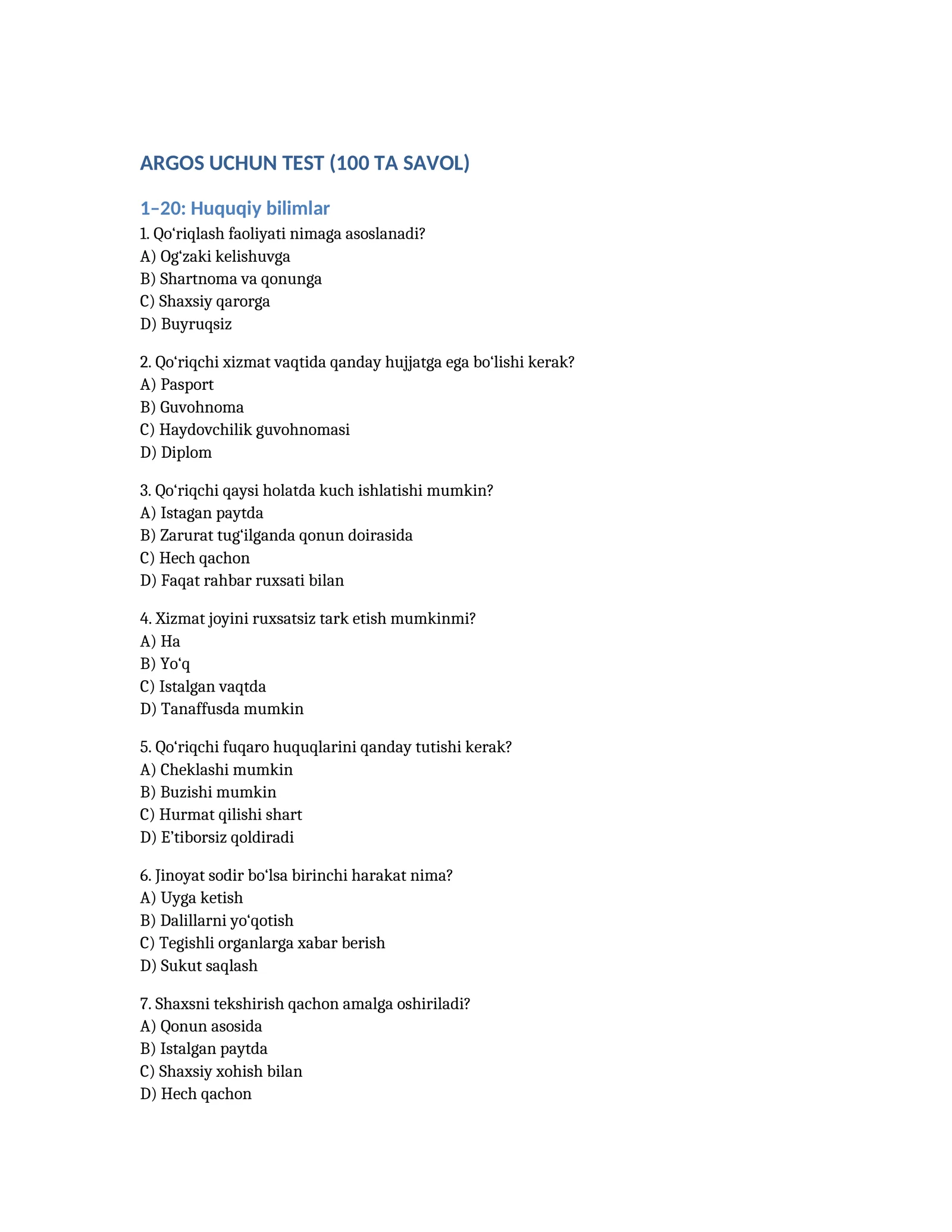 Argos uchun 100 talik test