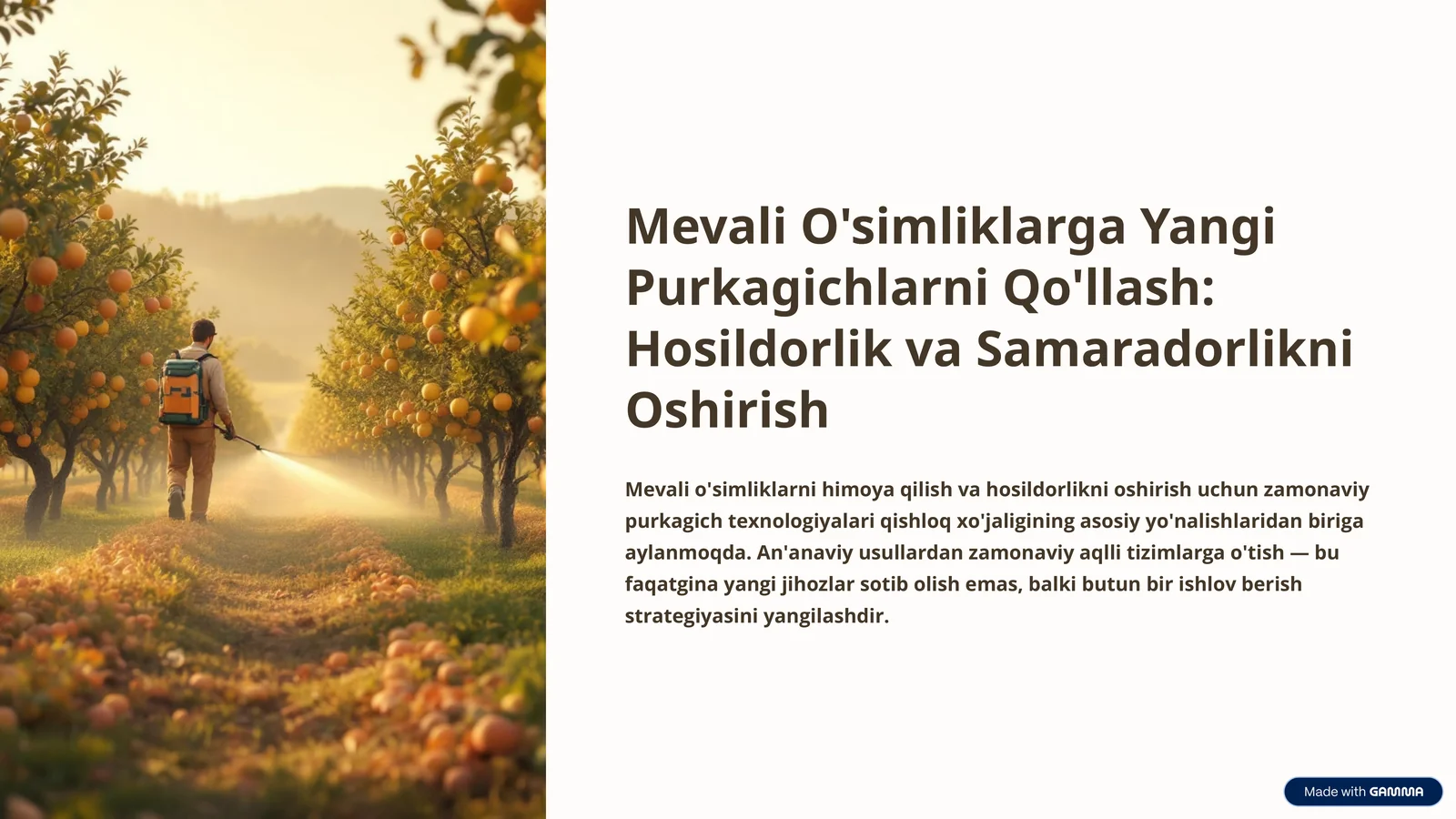 Mevali O'simliklarga Yangi Purkagichlarni Qo'llash: Hosildorlik va Samaradorlikni Oshirish