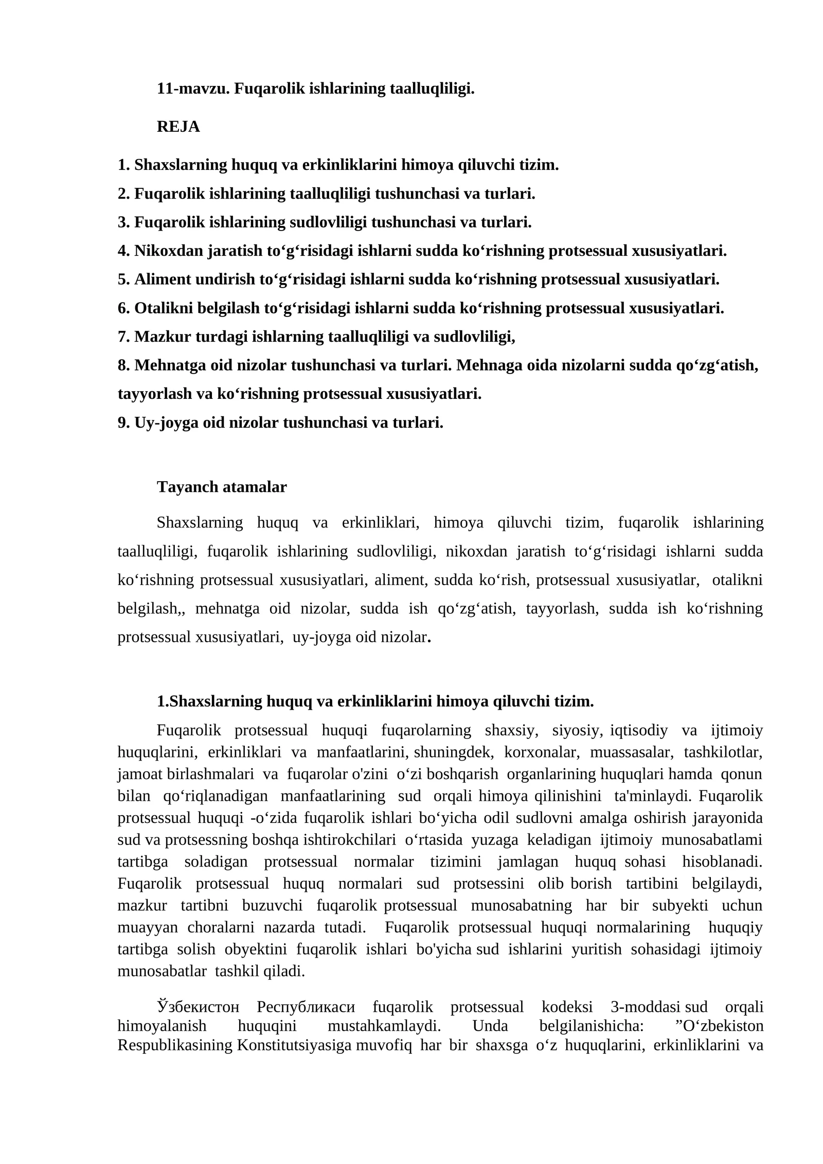 11-mavzu. Fuqarolik ishlarining taalluqliligi