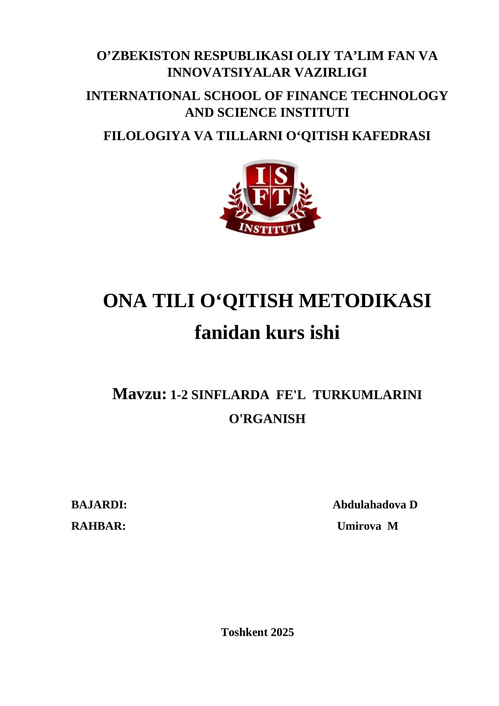 1-2 SINFLARDA FE'L TURKUMLARINI O'RGANISH. KURS ISHI