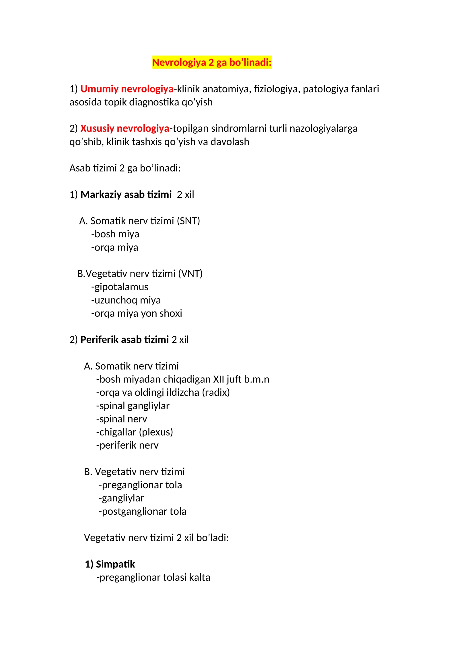 Nevrologiya va asab tizimi