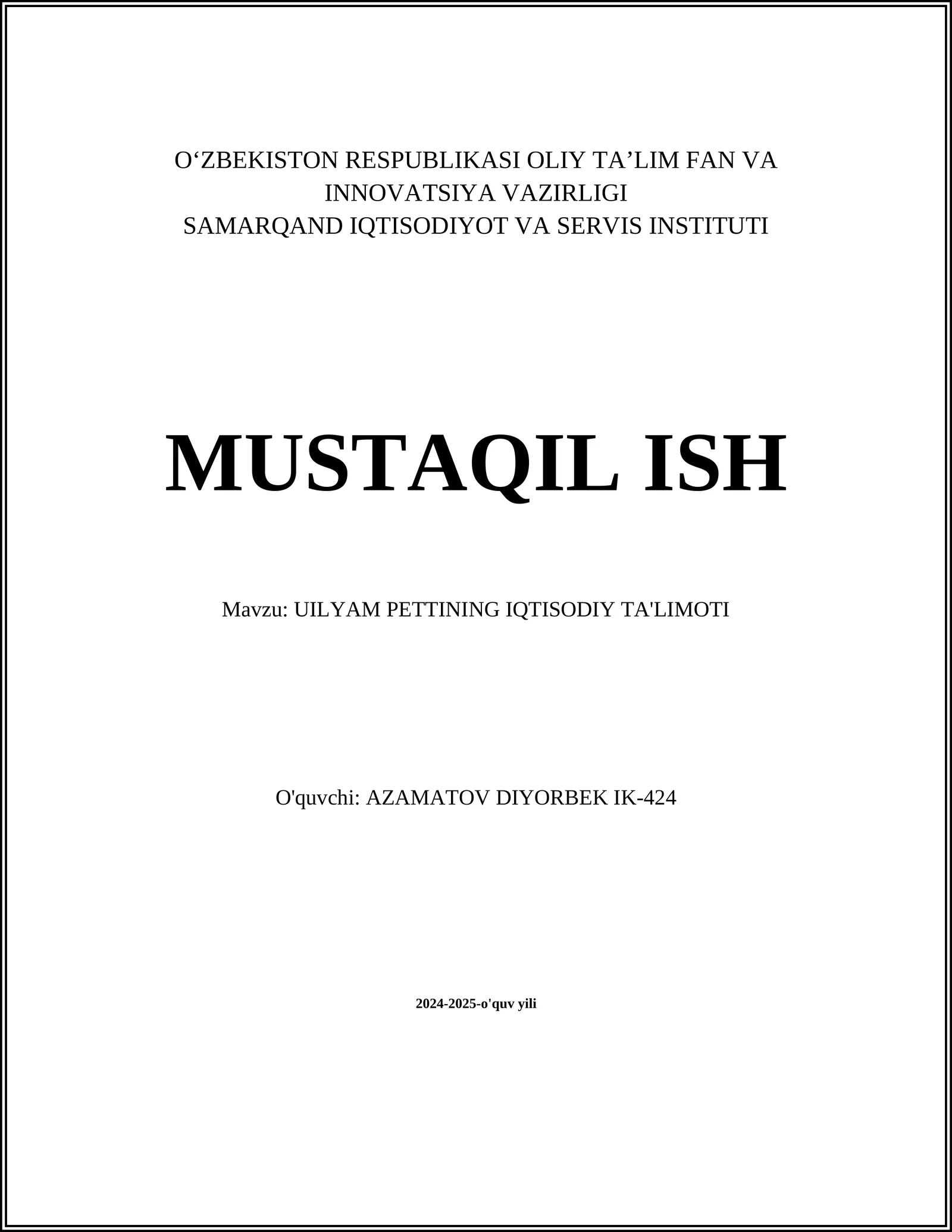 UILYAM PETTINING IQTISODIY TA'LIMOTI