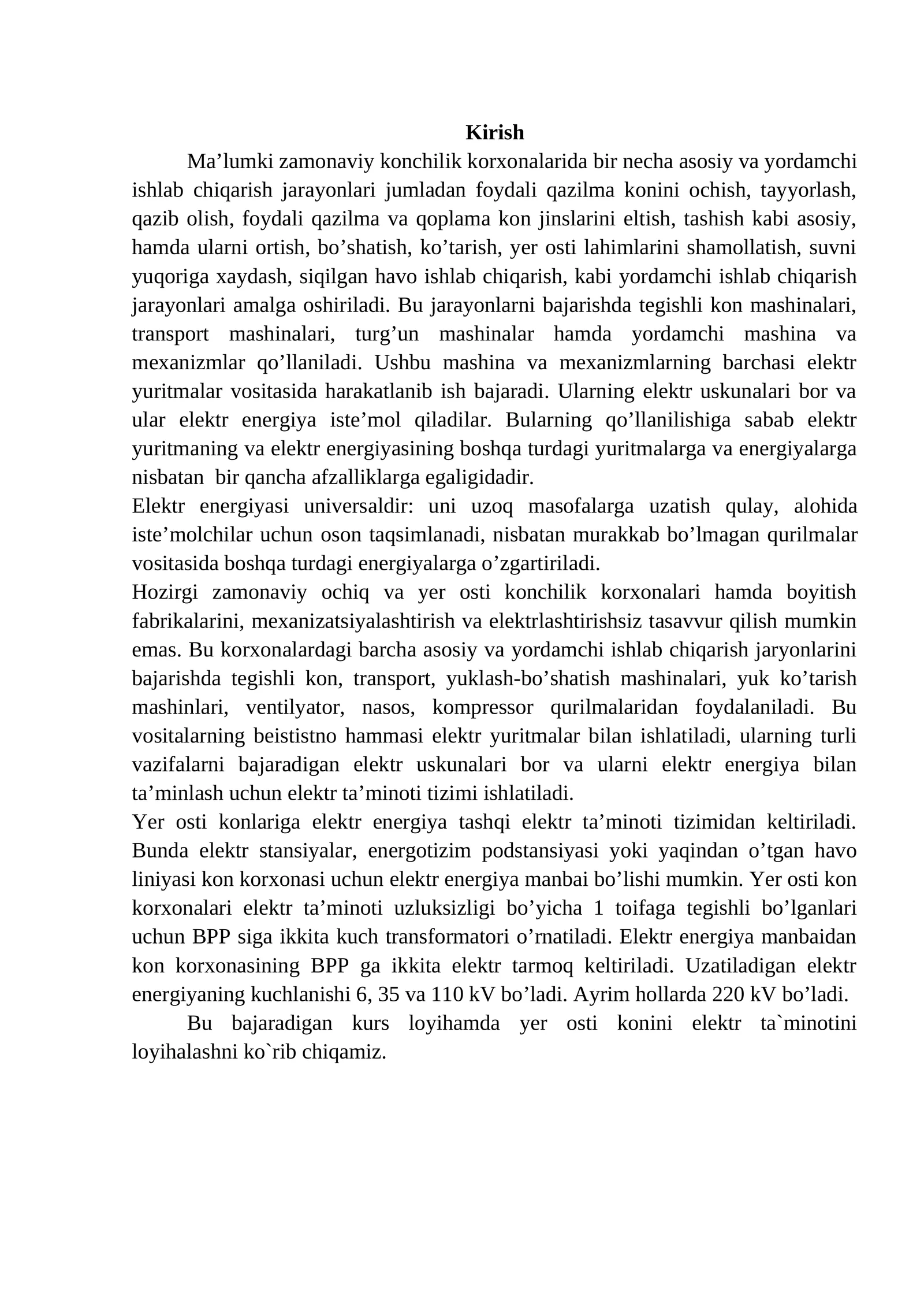 Konchilik korxonalari elektr yuritmalar