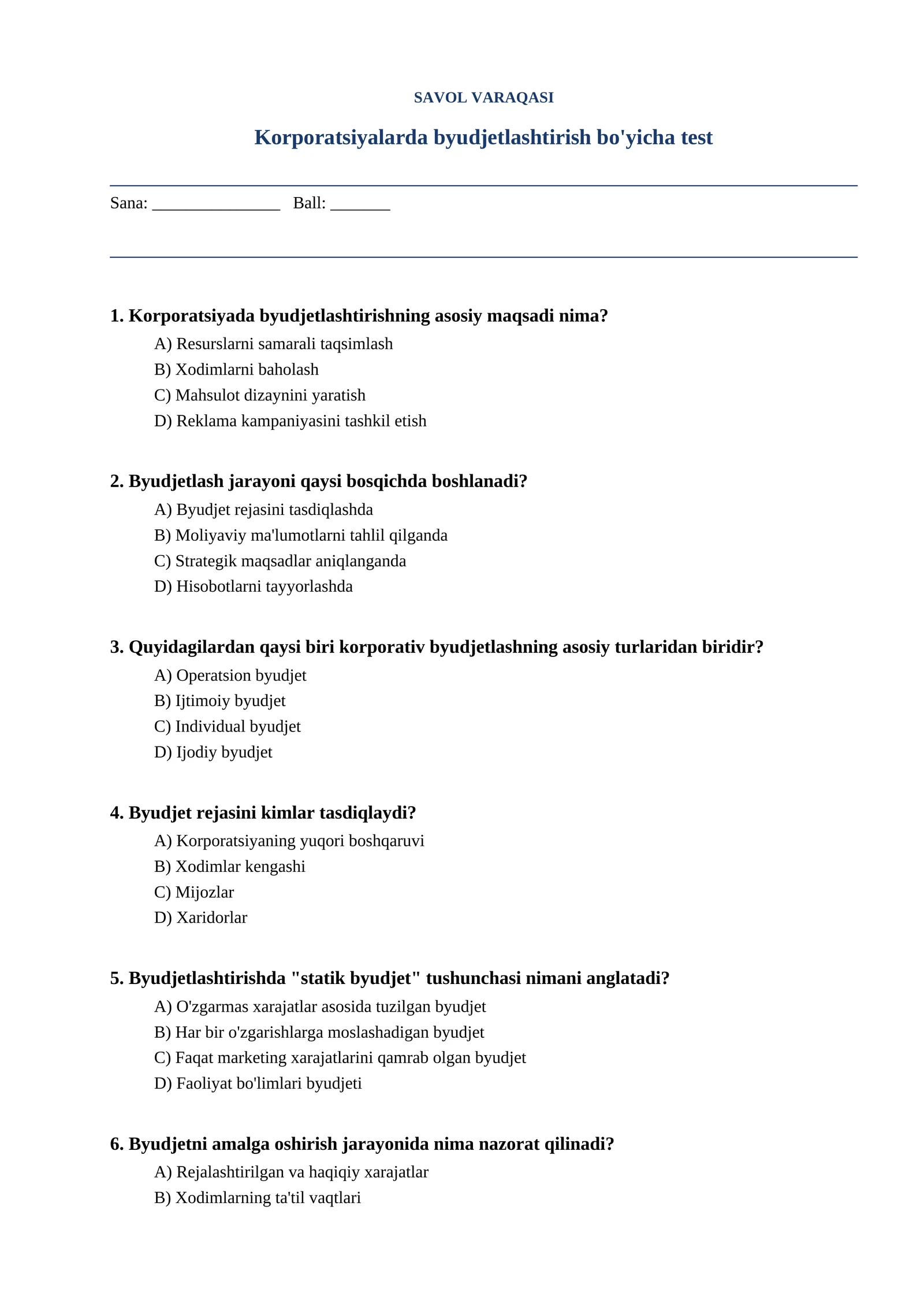 Korporatsiyalarda byudjetlashtirish bo'yicha test