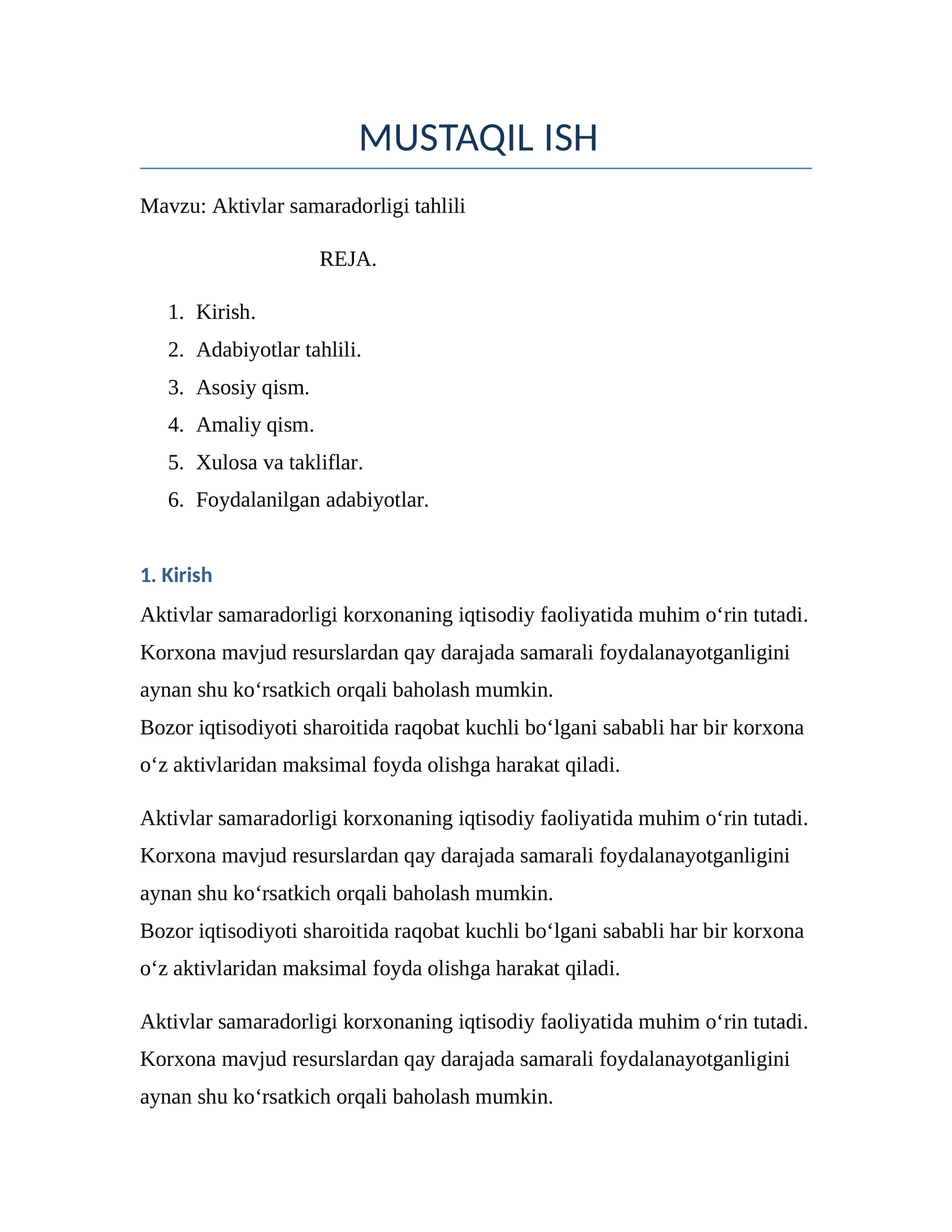 Aktivlar samaradorligi tahlili