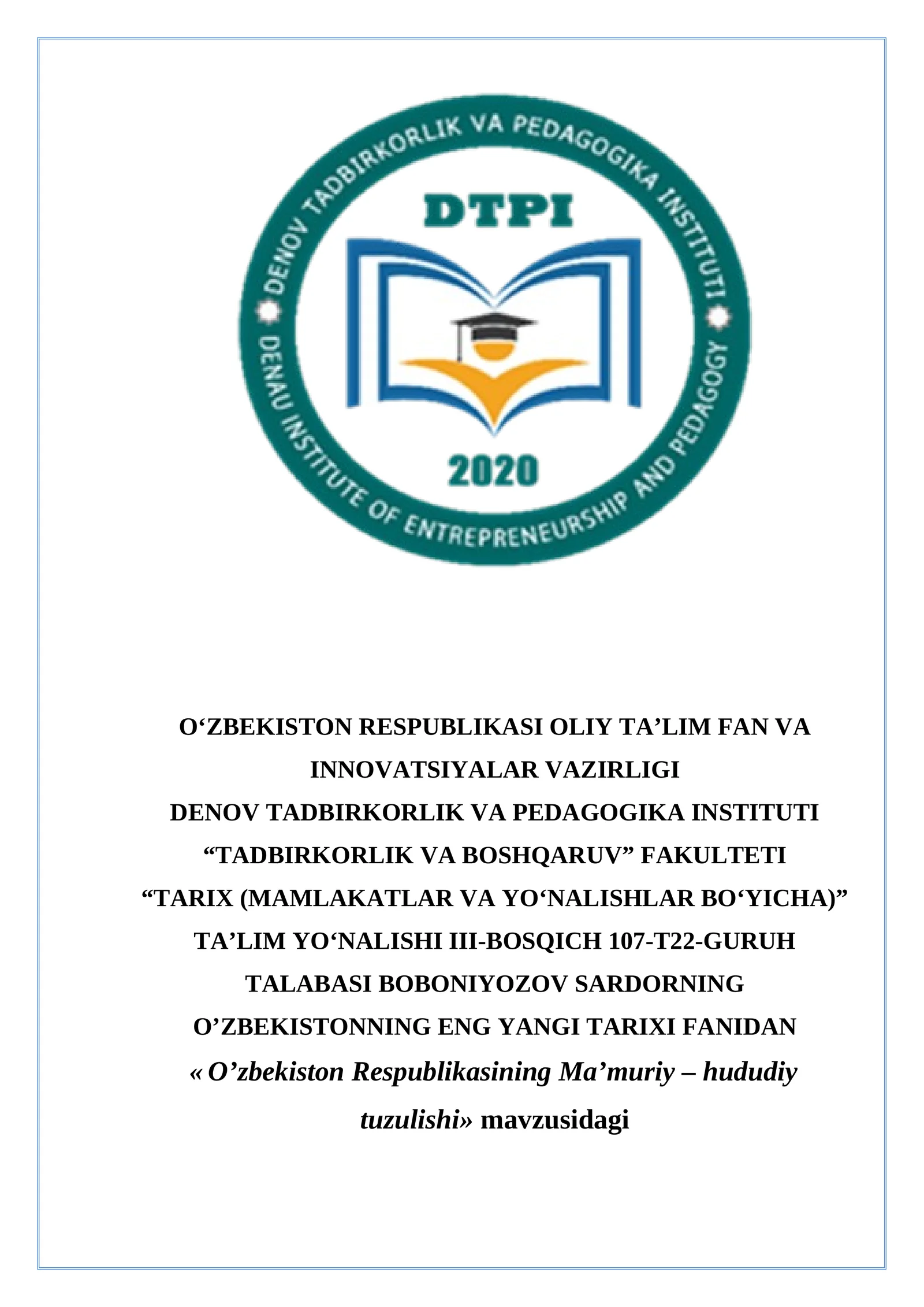 O‘zbekiston Respublikasining Ma’muriy – hududiy tuzulishi kurs ishi