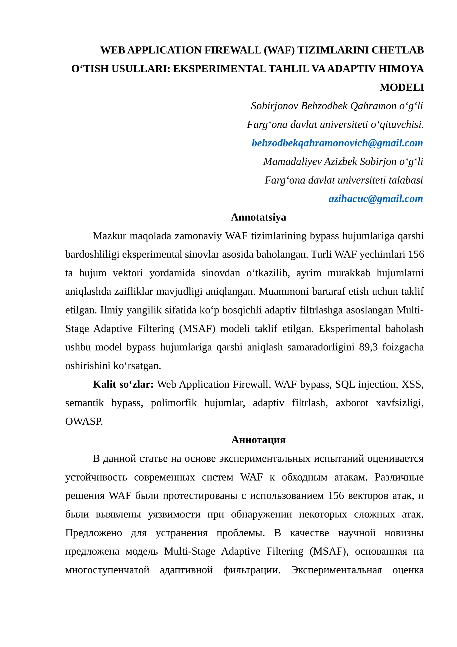 WEB APPLICATION FIREWALL (WAF) TIZIMLARINI CHETLAB OʻTISH USULLARI: EKSPERIMENTAL TAHLIL VA ADAPTIV HIMOYA MODELI