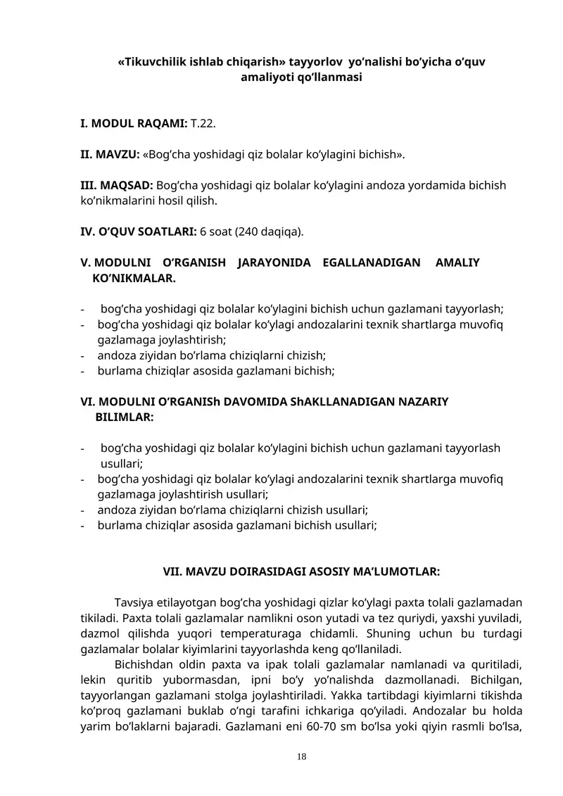 Bog’cha yoshidagi qiz bolalar ko’ylagini bichish