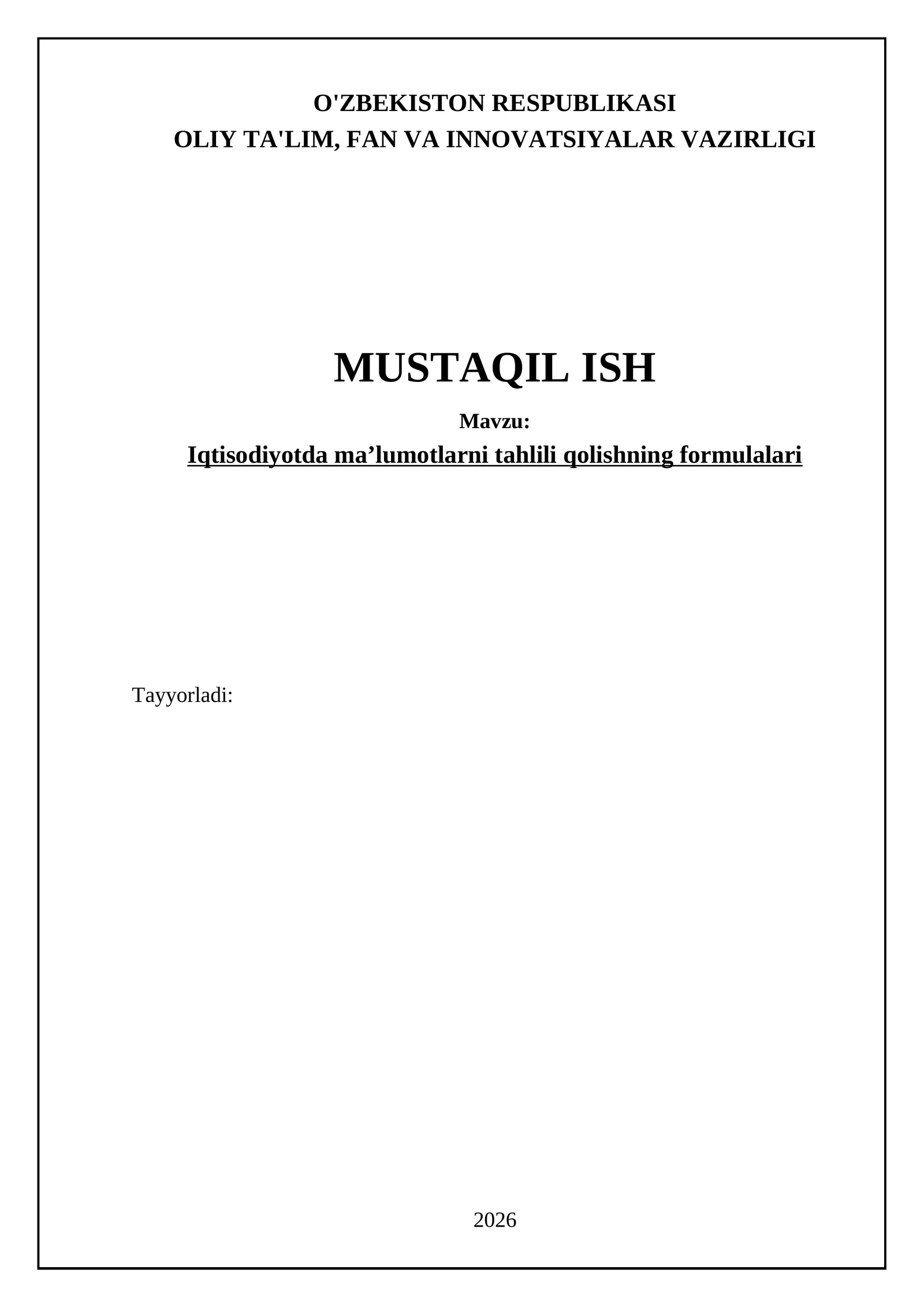 Iqtisodiyotda maʼlumotlarni tahlili qolishning formulalari