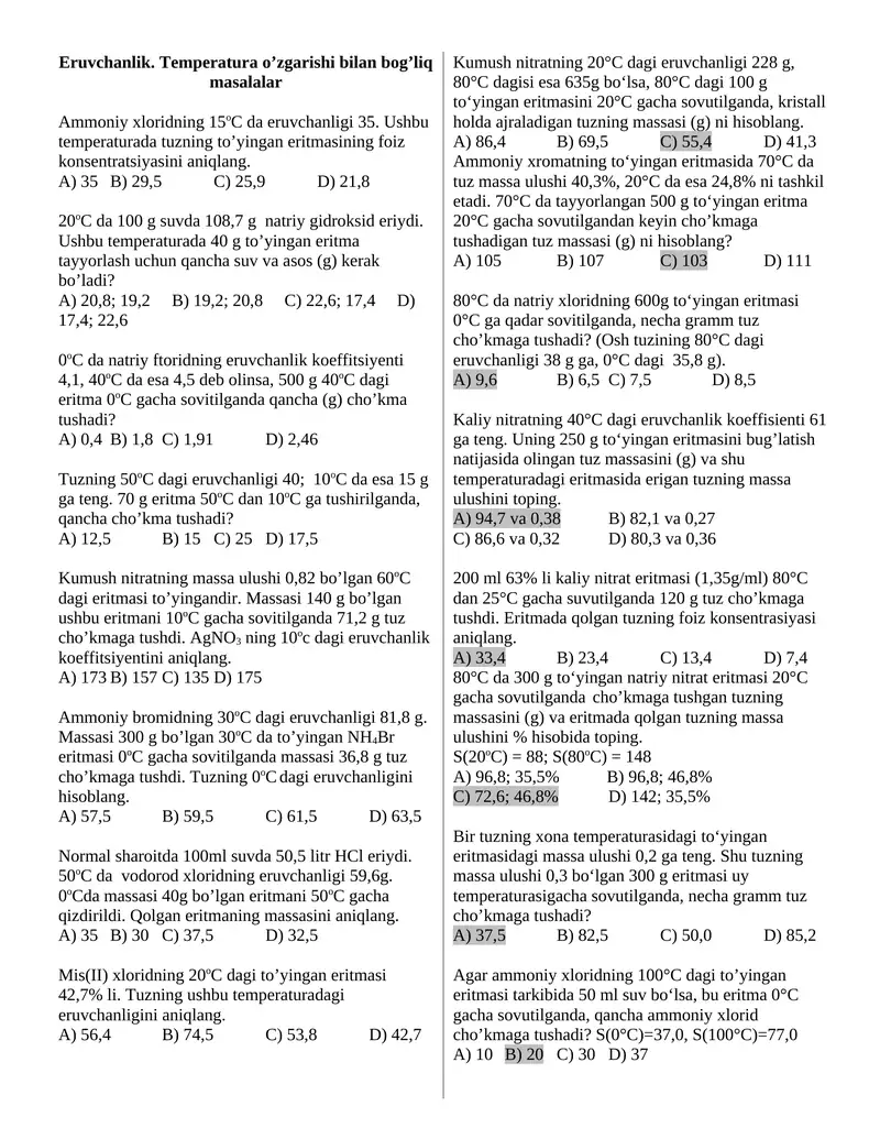 Eruvchanlik. Temperatura o’zgarishi bilan bog’liq masalalar