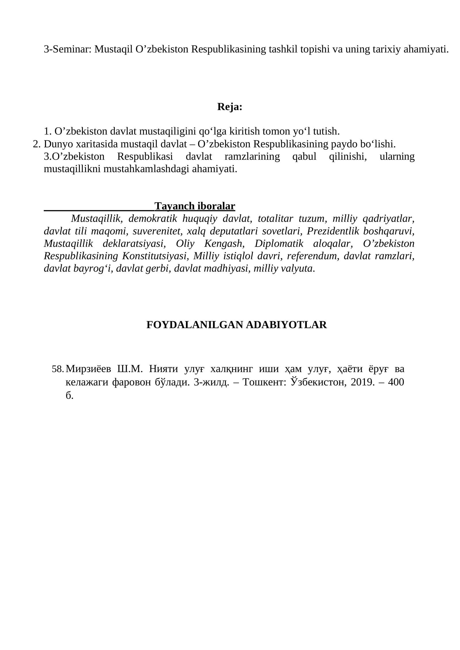 Seminar: Mustaqil O’zbekiston Respublikasining tashkil topishi va uning tarixiy ahamiyati