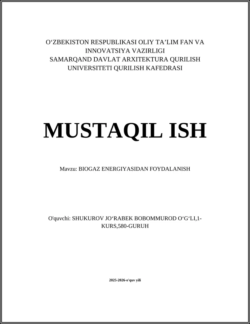 BIOGAZ ENERGIYASIDAN FOYDALANISH