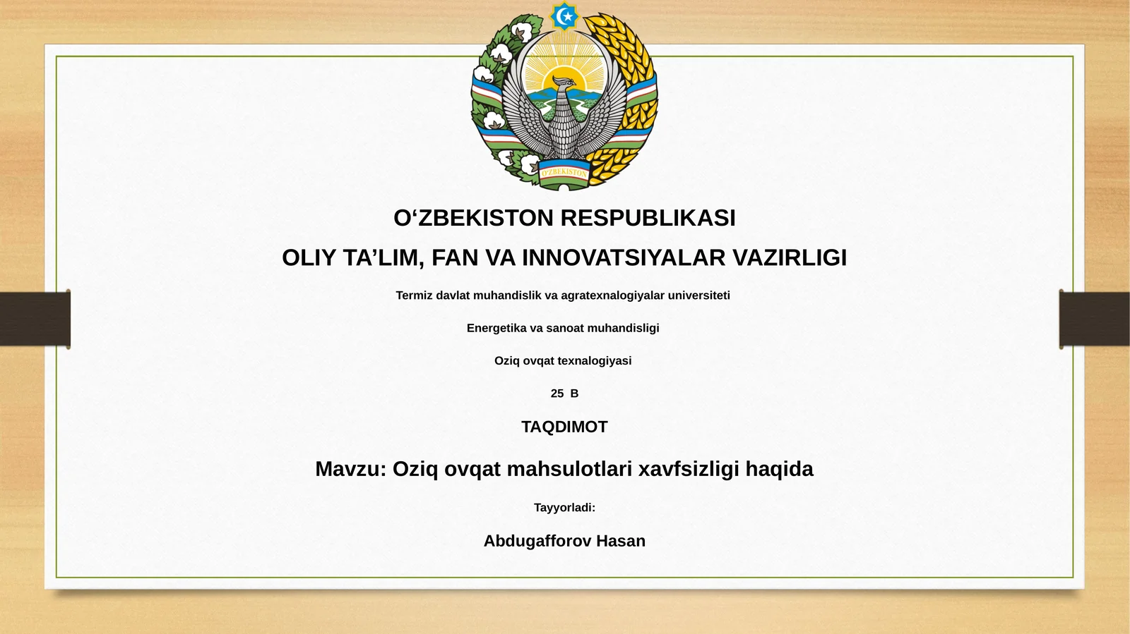 Oziq ovqat mahsulotlari xavfsizligi haqida
