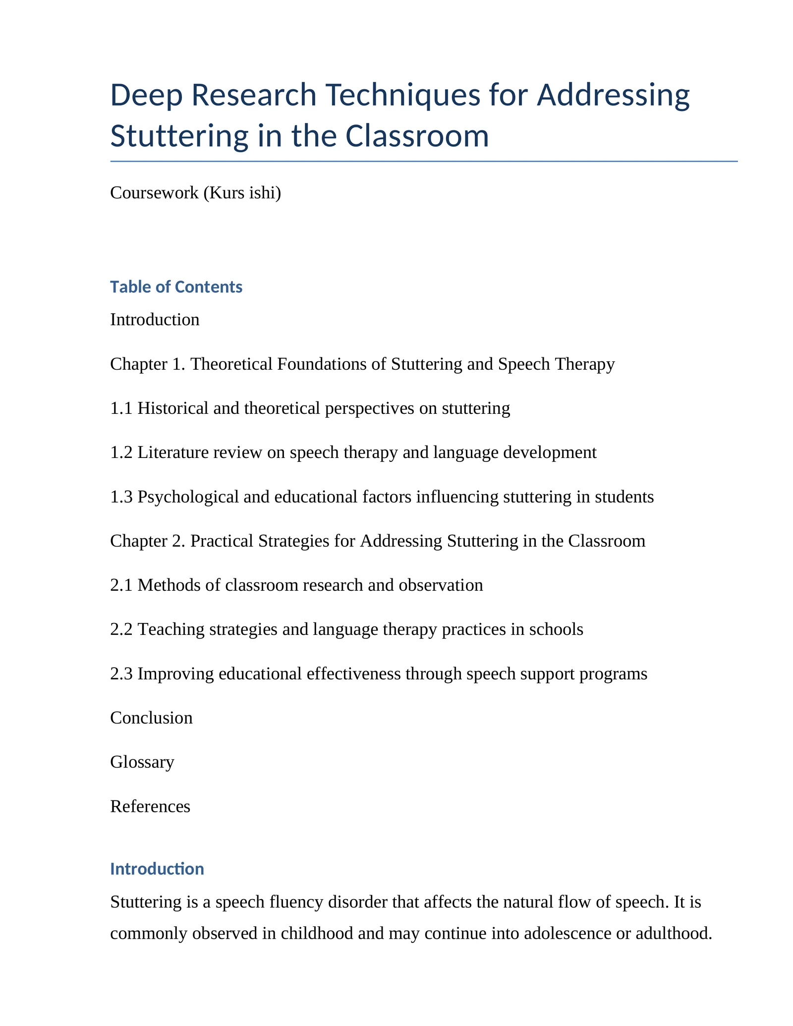 Deep Research Techniques for Addressing Stuttering in the Classroom