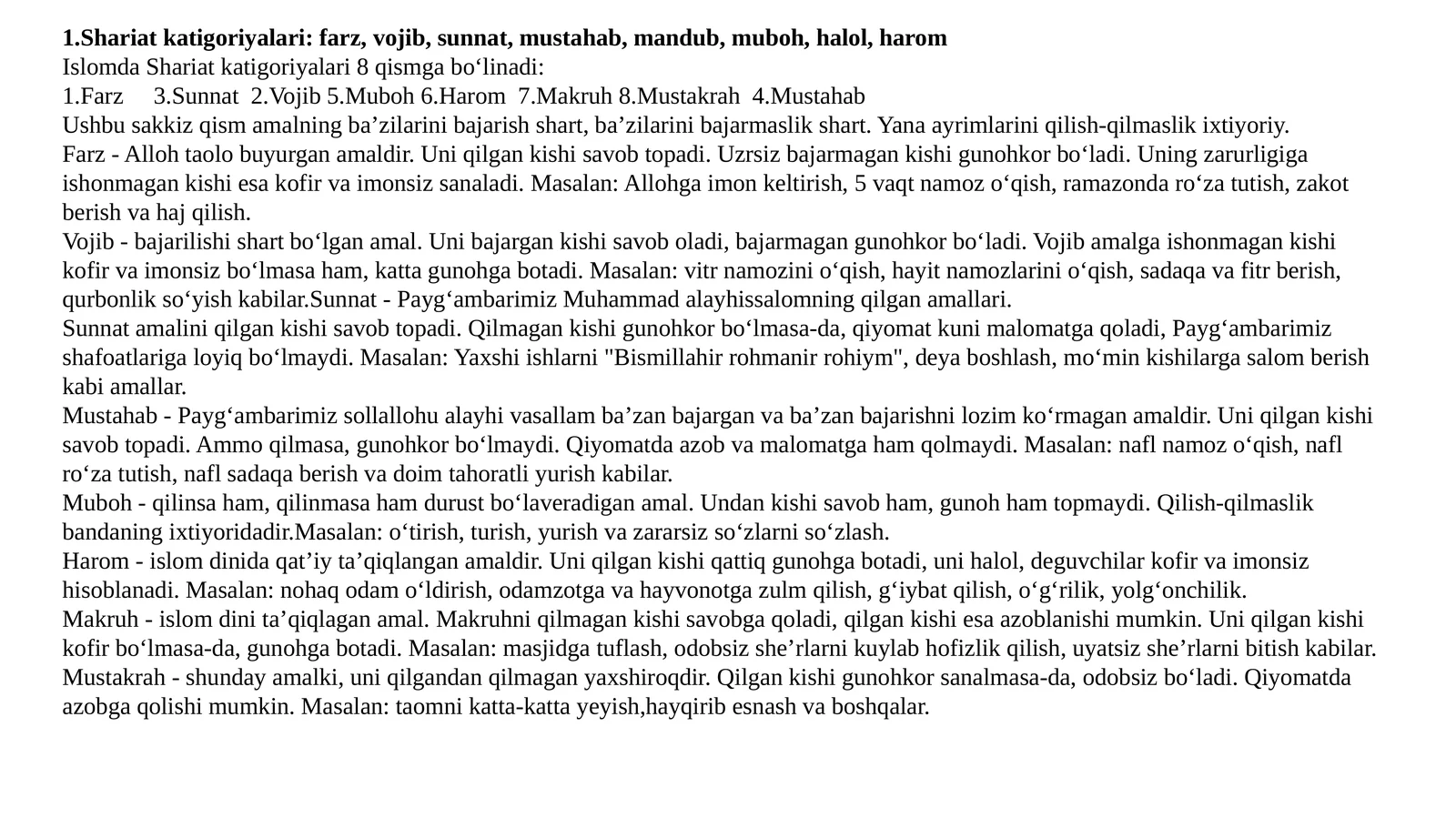 Islomda Shariat katigoriyalari