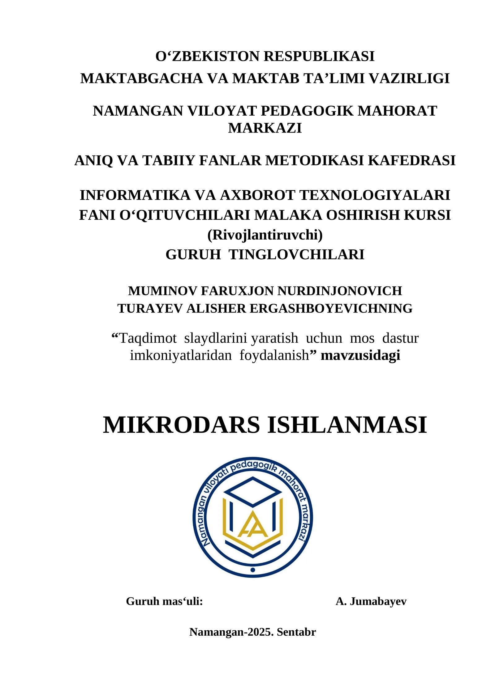 Taqdimot slaydlarini yaratish uchun mos dastur imkoniyatlaridan foydalanish