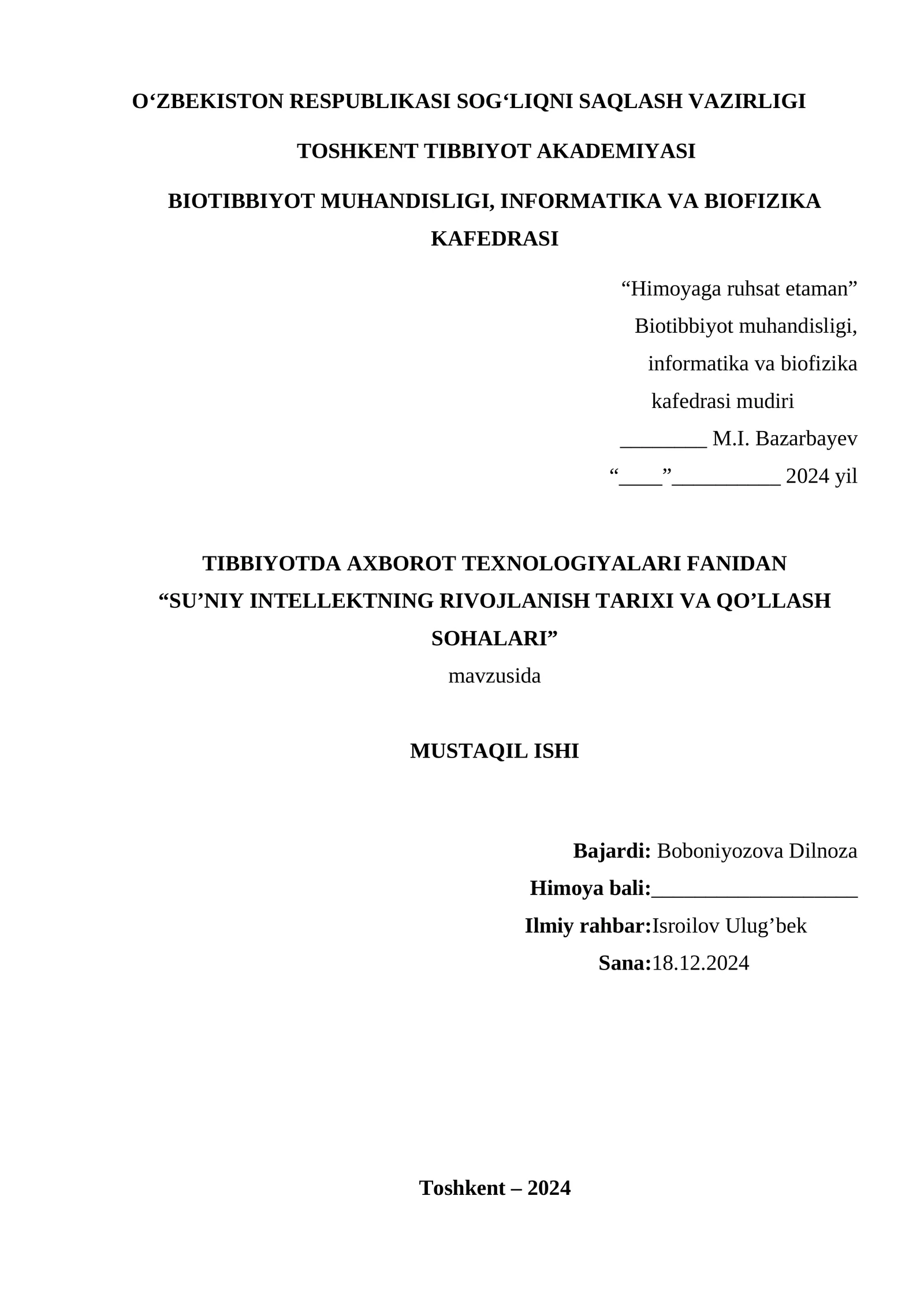 SU’NIY INTELLEKTNING RIVOJLANISH TARIXI VA QO’LLASH SOHALARI