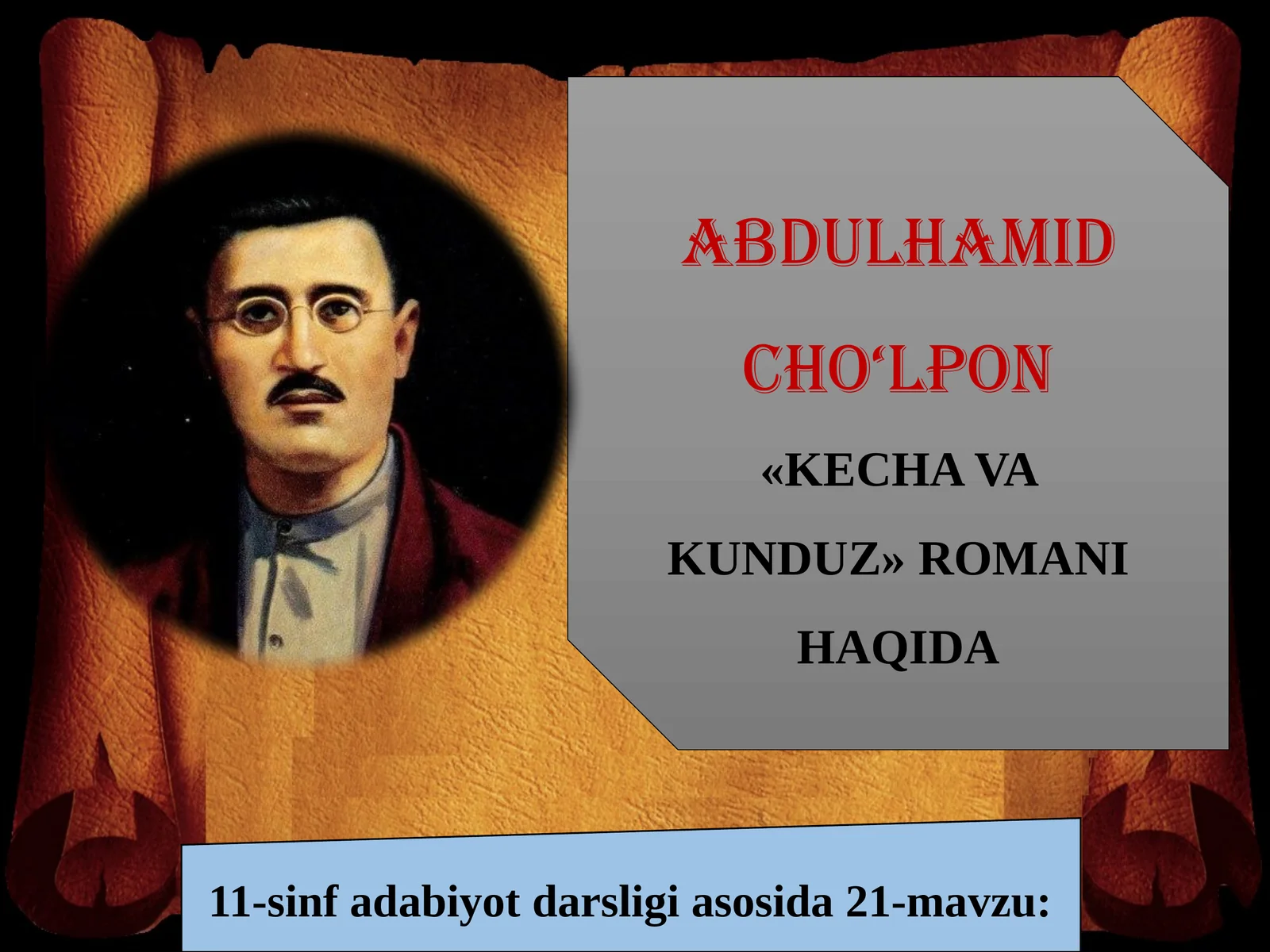 11-sinf Adabiyot fanidan Cho'lpon - Kecha va kunduz romani dars taqdimoti