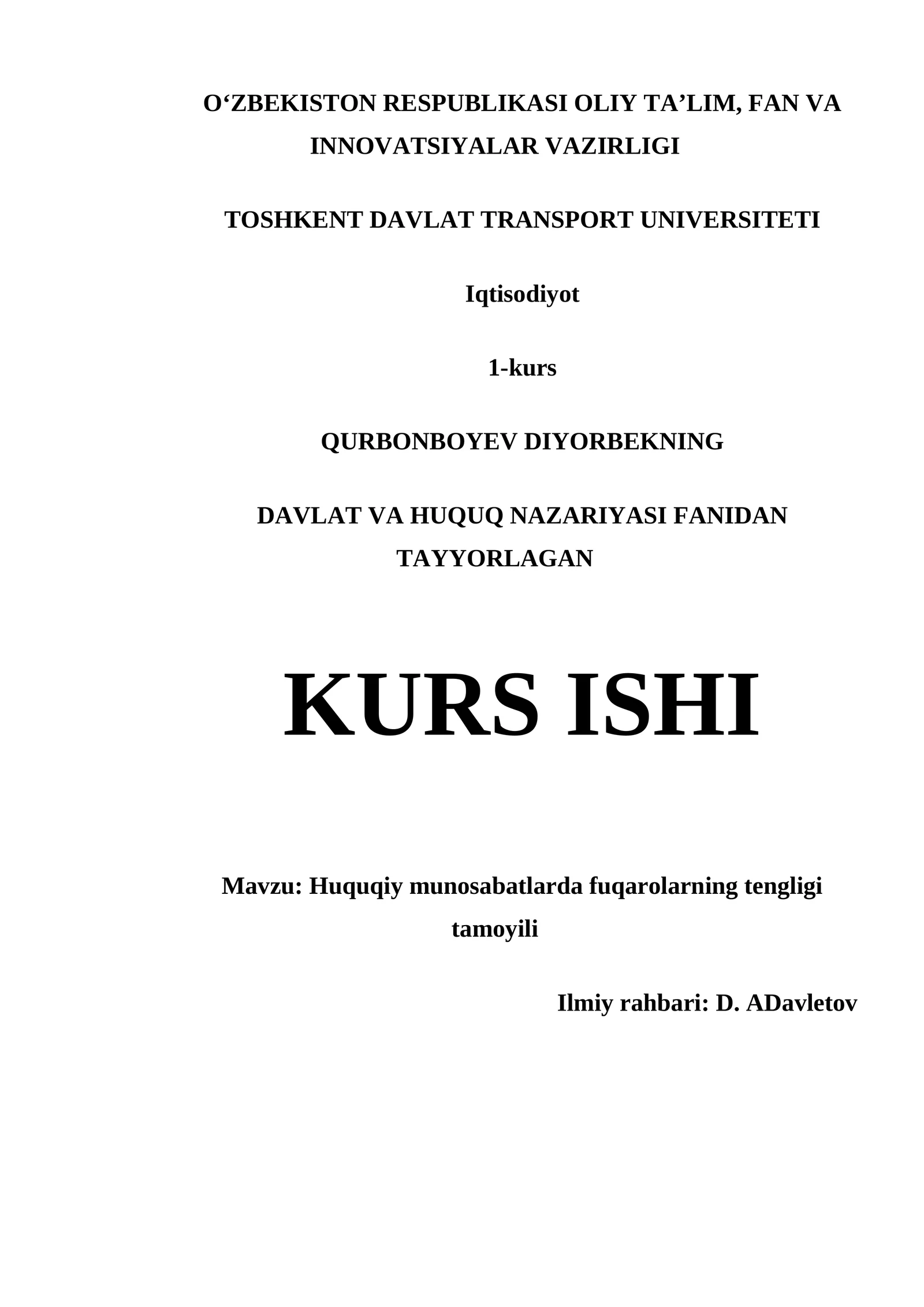 DAVLAT VA HUQUQ NAZARIYASI FANIDAN TAYYORLAGAN KURS ISHI