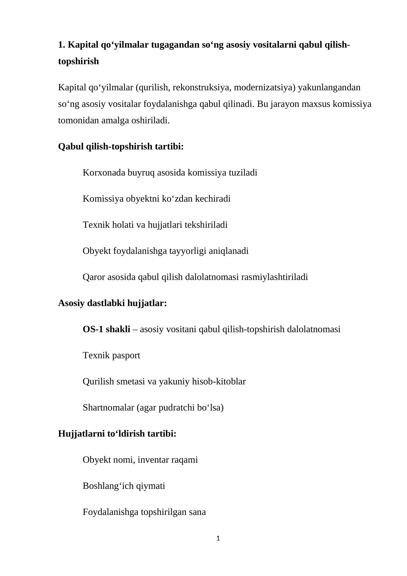 Kapital qo‘yilmalar tugagandan so‘ng asosiy vositalarni qabul qilish-topshirish
