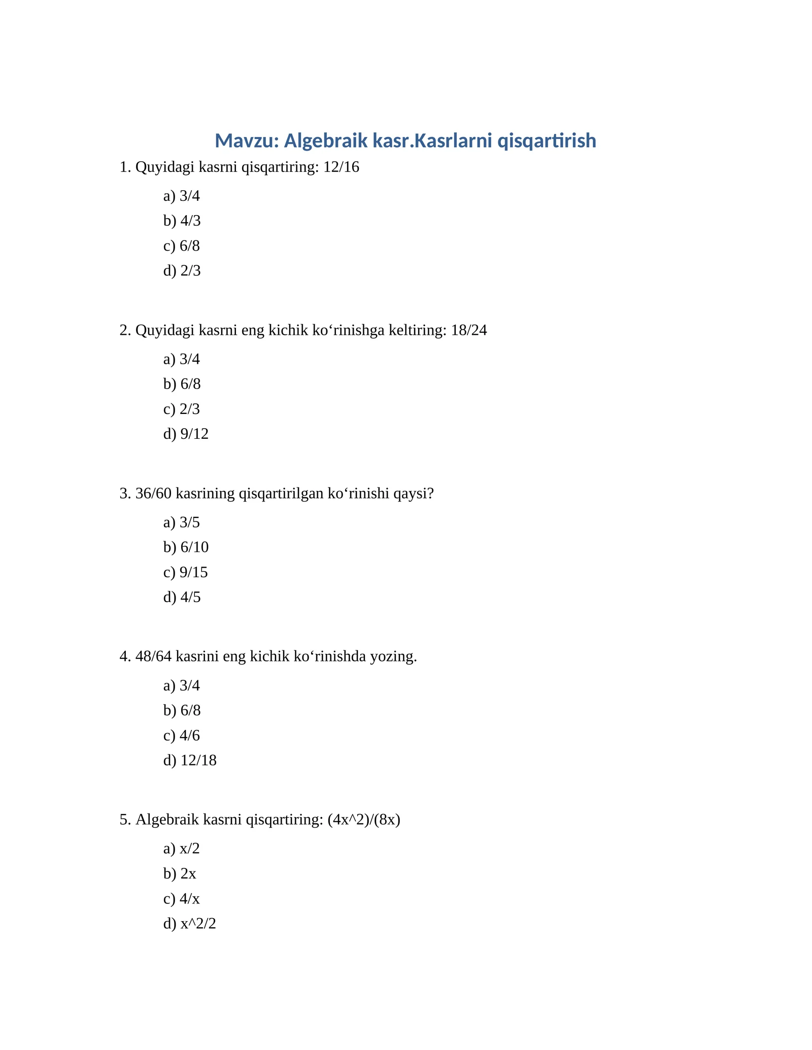 Algebraik kasrlar.Kasrlarni qisqartirish