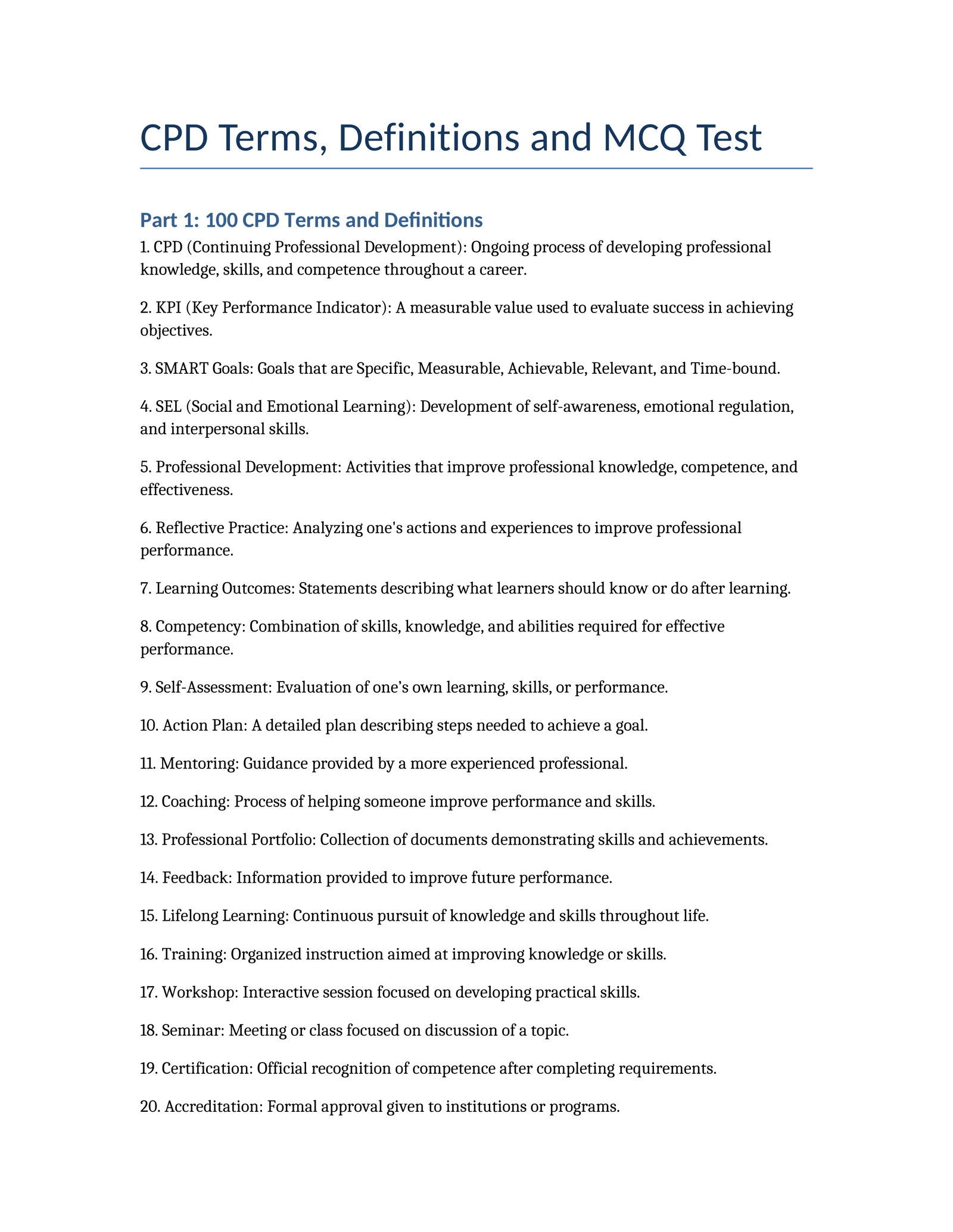 CPD Terms, Definitions and MCQ Test
