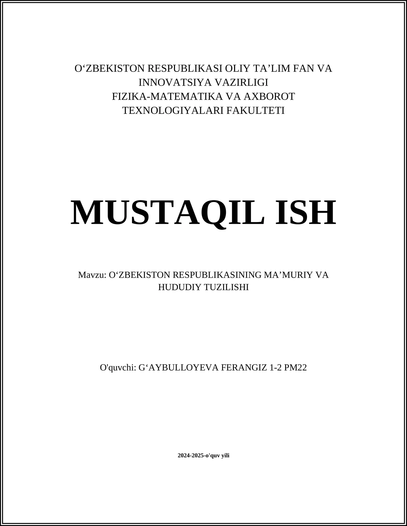 OʻZBEKISTON RESPUBLIKASINING MAʼMURIY VA HUDUDIY TUZILISHI