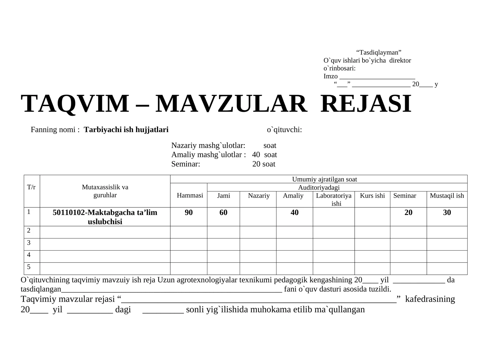 2026 TARBIYACHI ISH HUJJATLARI TAQVIM REJA