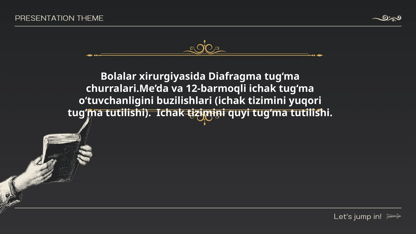 Bolalar xirurgiyasida Diafragma tug‘ma churralari.Me’da va 12-barmoqli ichak tug‘ma o‘tuvchanligini buzilishlari (ichak tizimini yuqori tug‘ma tutilishi). Ichak tizimini quyi tug‘ma tutilishi