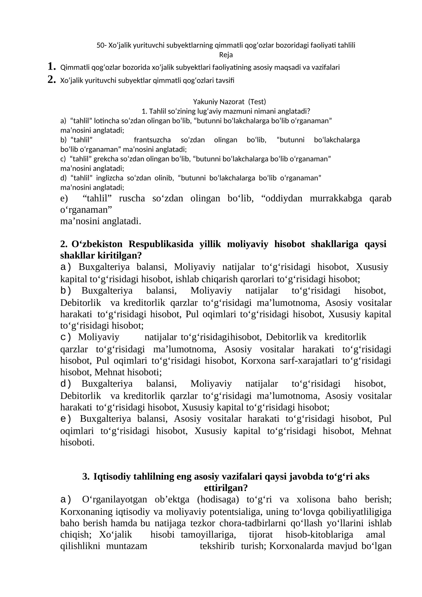 Xo‘jalik yurituvchi subyektlarning qimmatli qog‘ozlar bozoridagi faoliyati tahlili