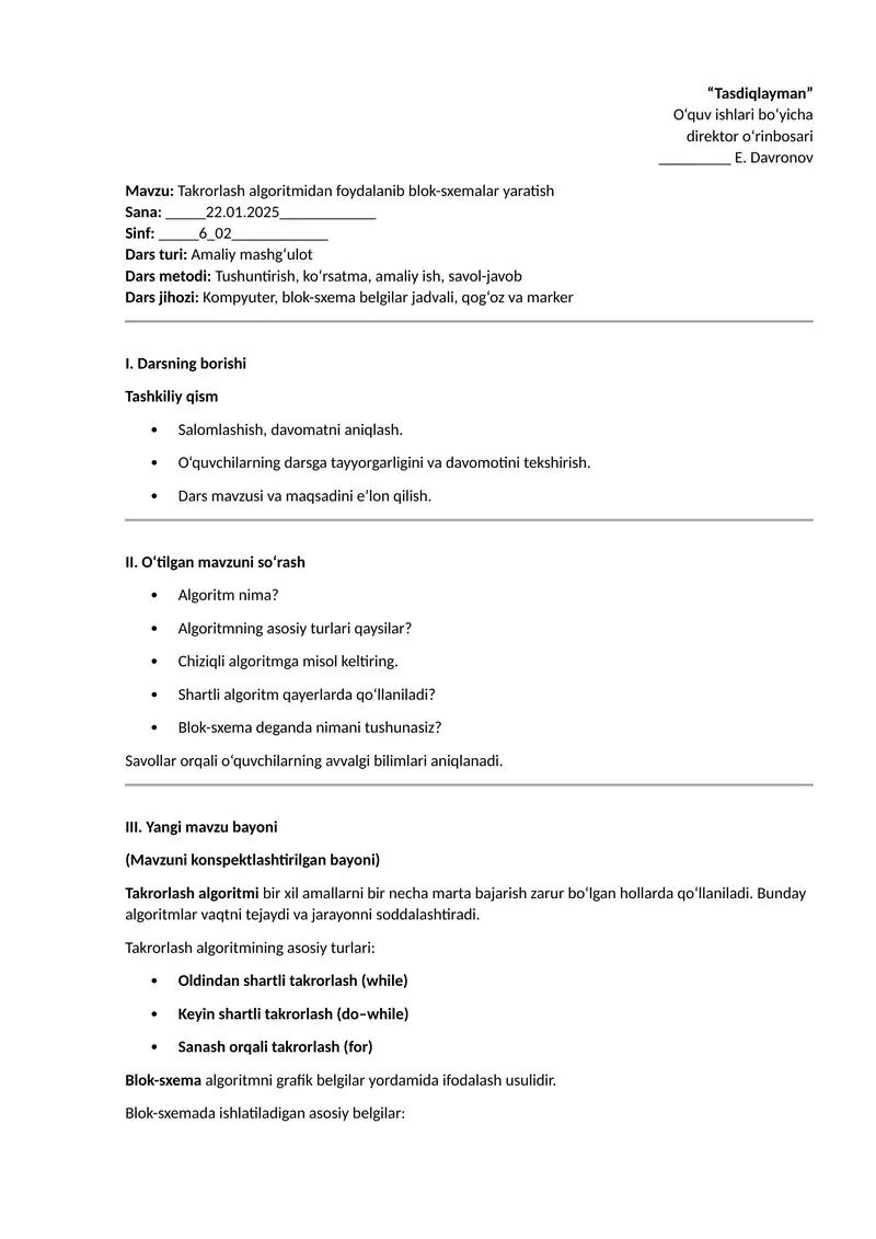 Takrorlash algoritmidan foydalanib blok-sxemalar yaratish