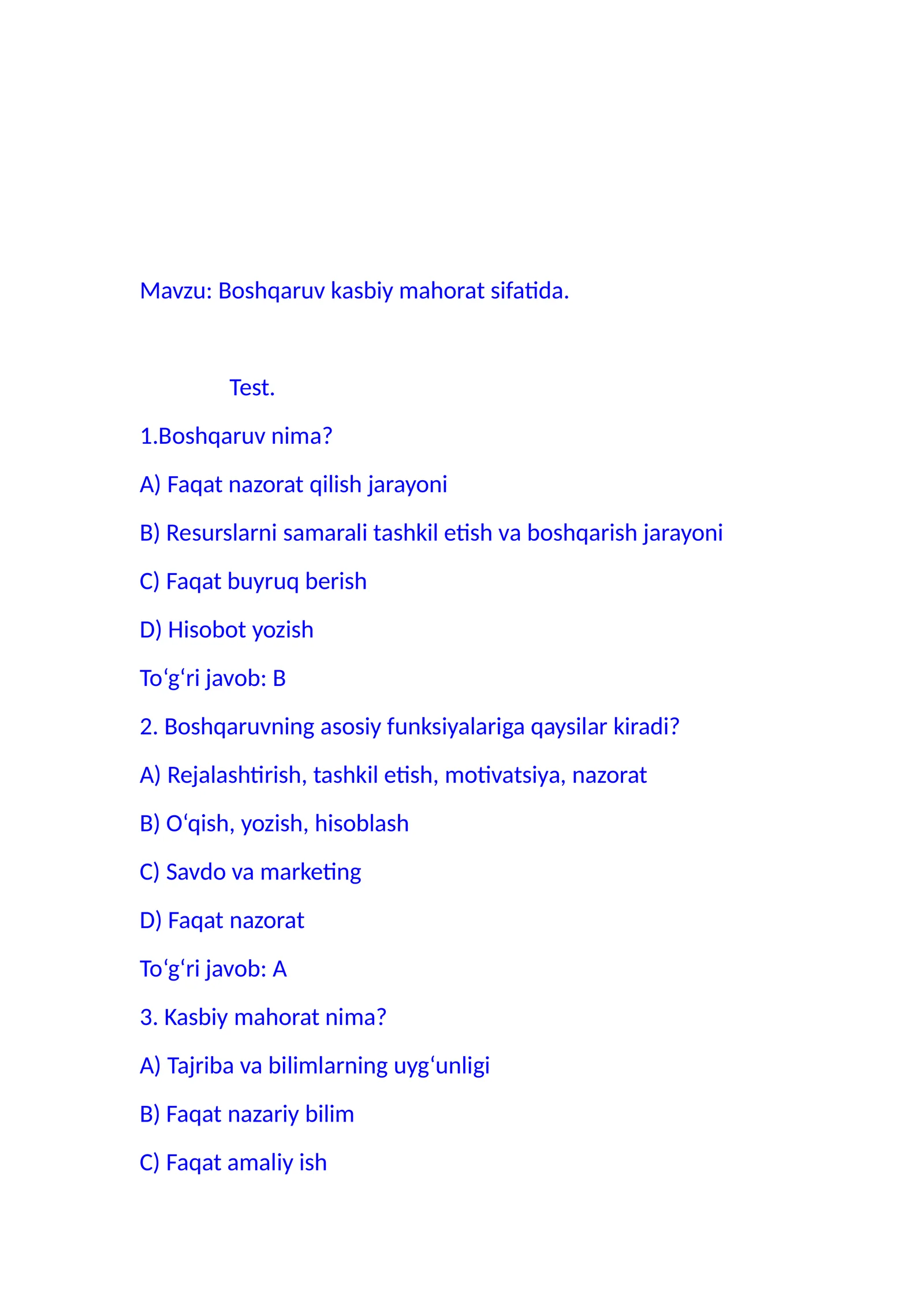 Boshqaruv kasbiy mahorat sifatida