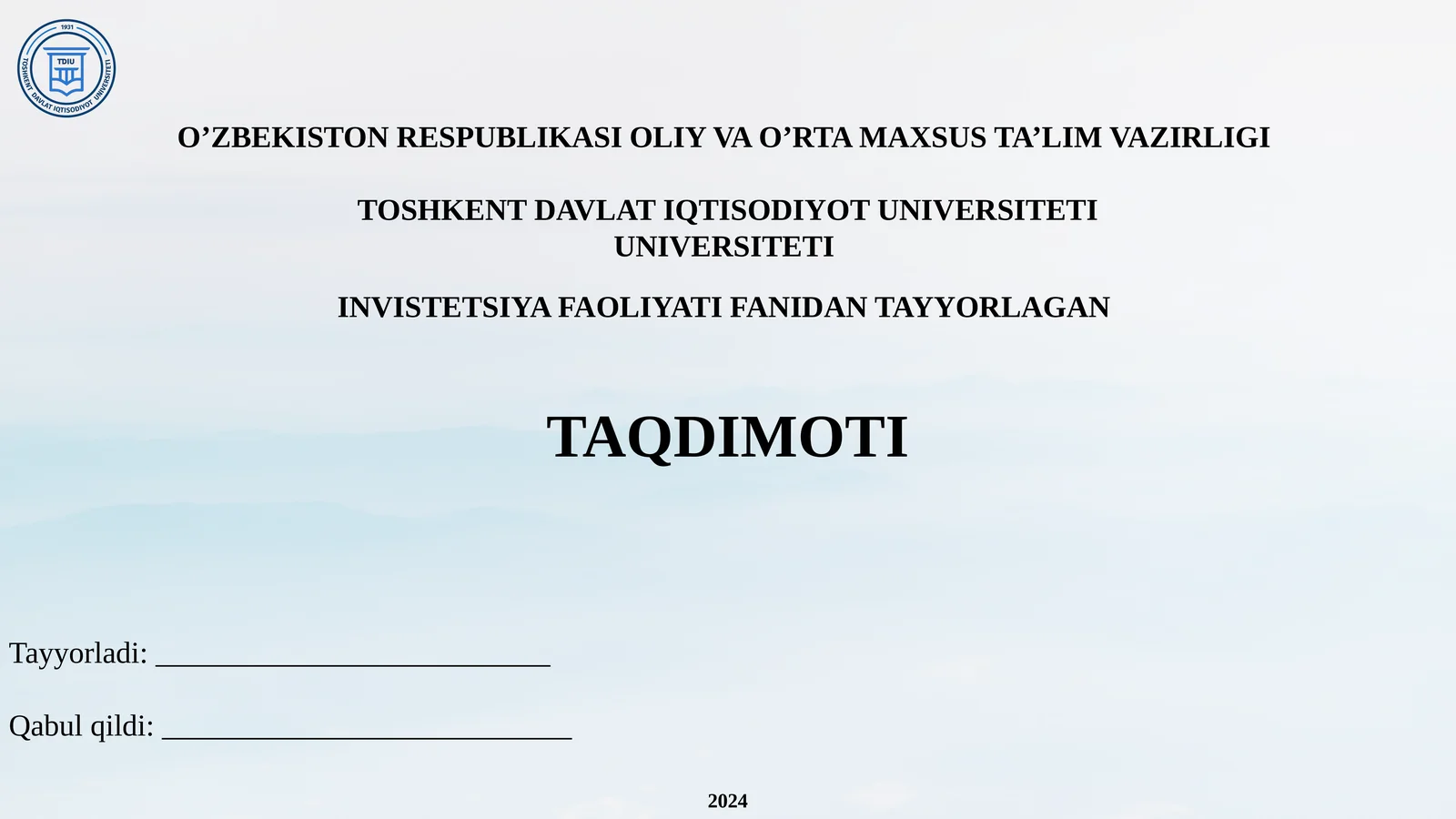 INVISTETSIYA FAOLIYATIFANIDAN TAYYORLAGAN TAQDIMOTI