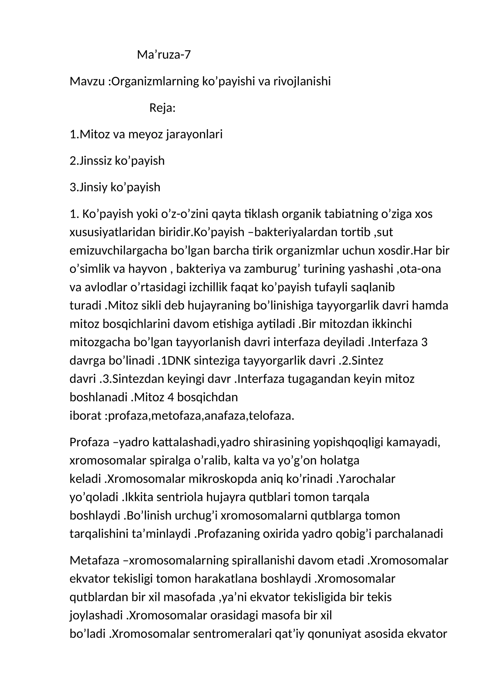 Organizmlarning ko’payishi va rivojlanishi