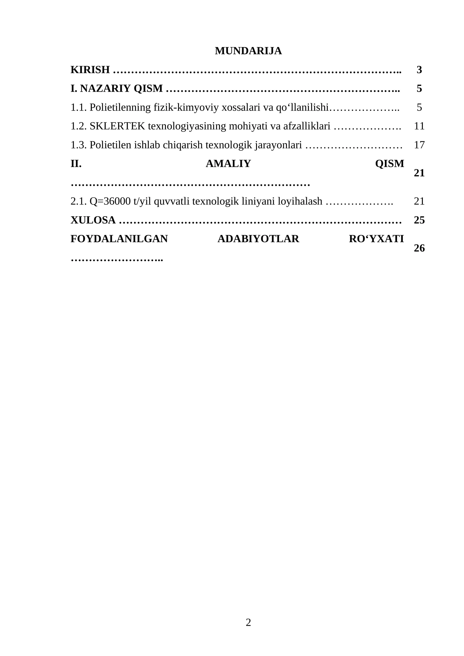 SKLERTEK texnologiyasi bo‘yicha 2908 markali PE ishlab chiqaradigan texnologik liniyasini loyihalash. Q=36000 t/yil