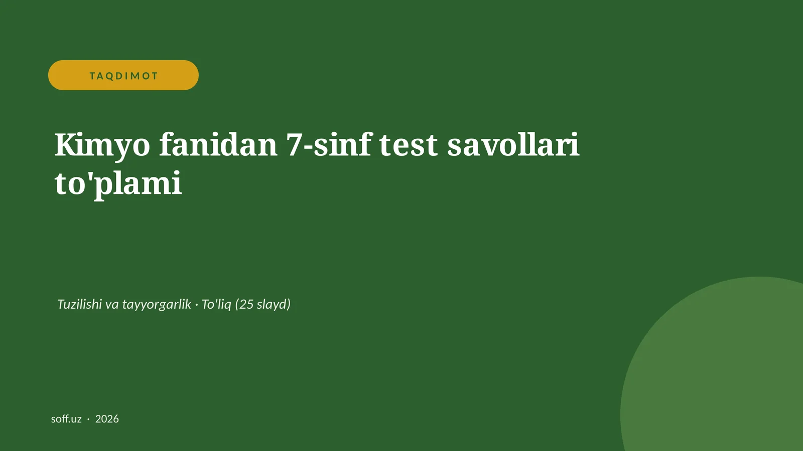 Kimyo fanidan 7-sinf test savollari to'plami
