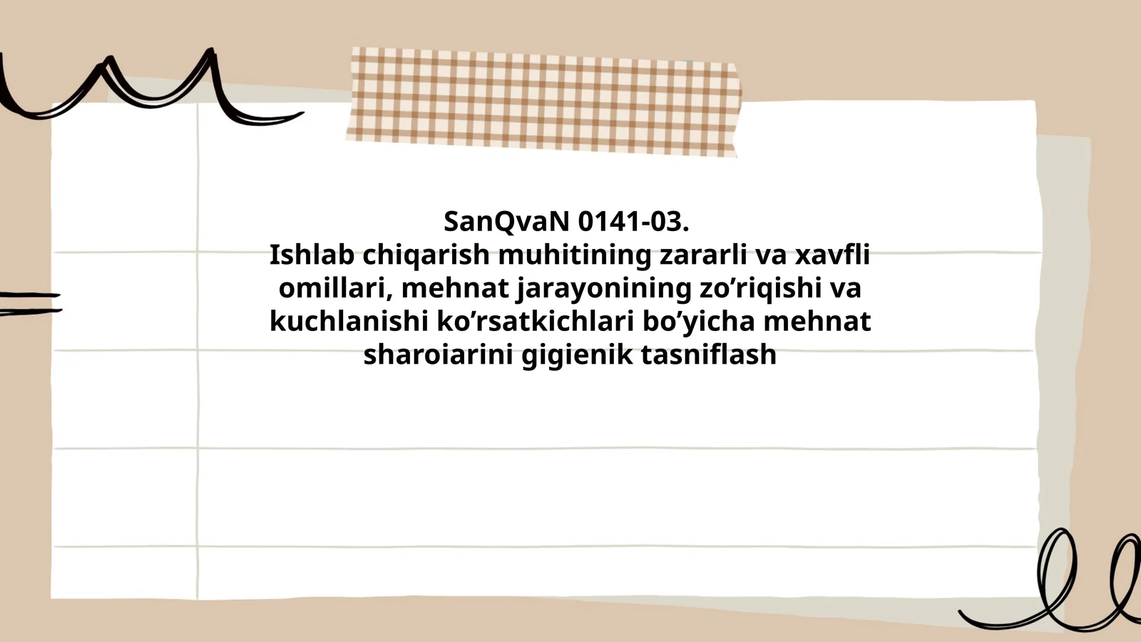 Ishlab chiqarish muhitining zararli va xavfli omillari, mehnat jarayonining zo’riqishi va kuchlanishi ko’rsatkichlari bo’yicha mehnat sharoiarini gigienik tasniflash
