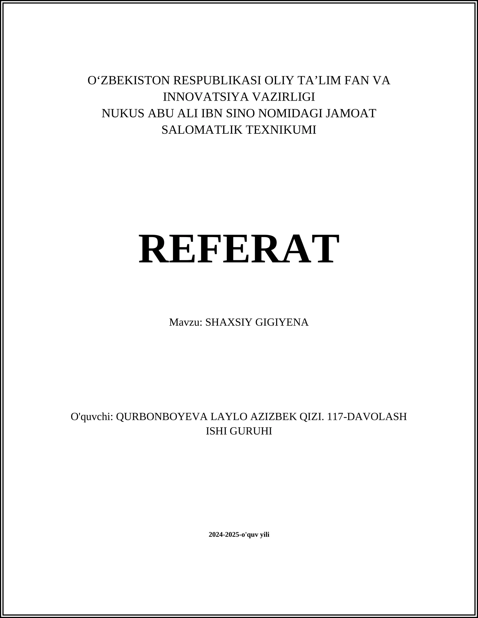 SHAXSIY GIGIYENA REFERAT