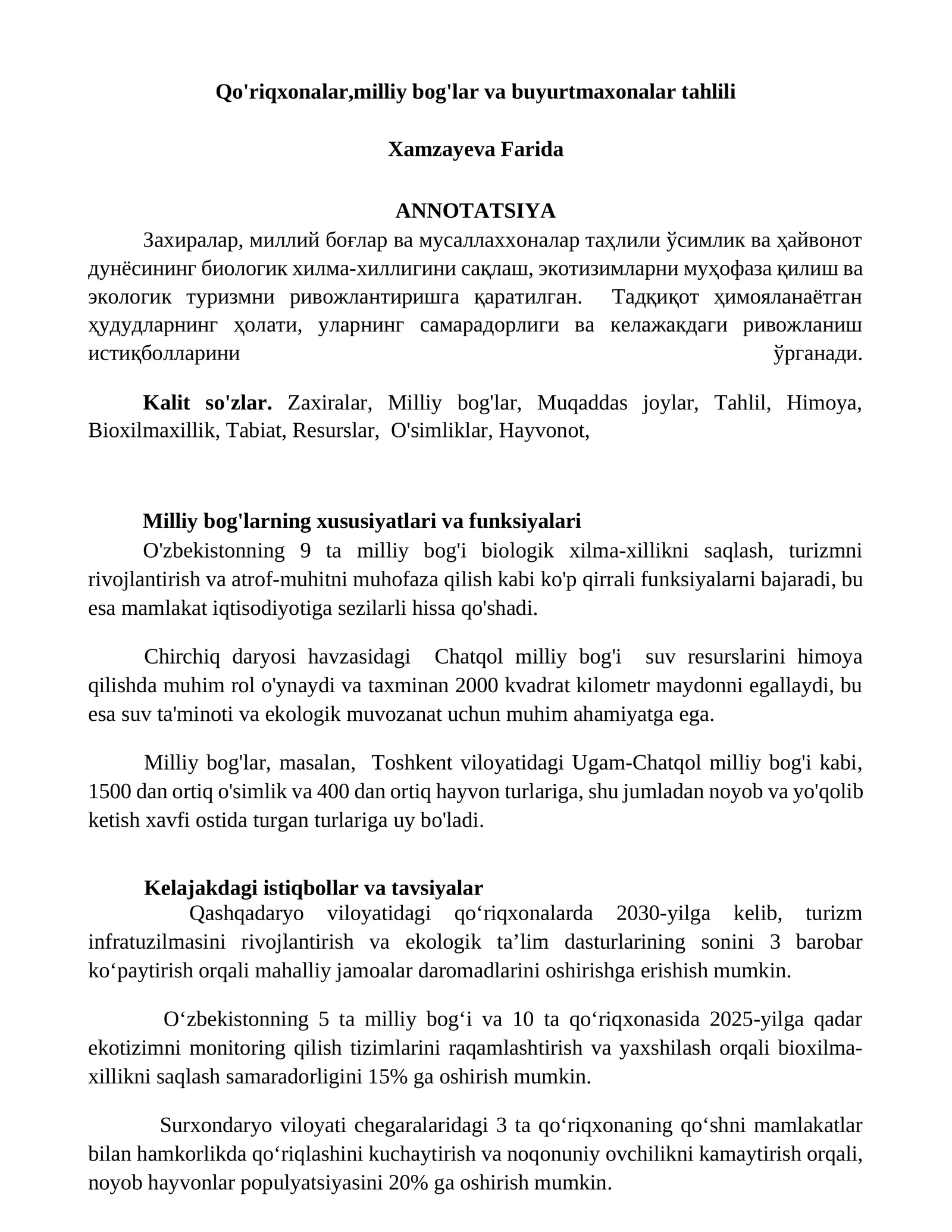 Qo'riqxonalar,milliy bog'lar va buyurtmaxonalar tahlili