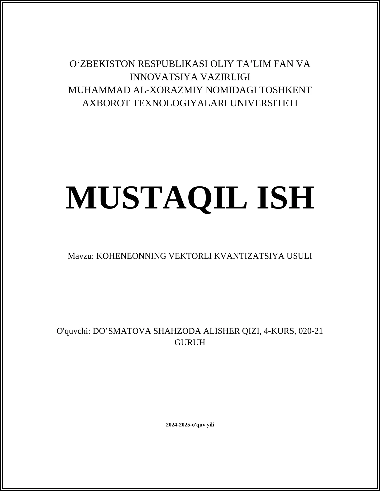 KOHENEONNING VEKTORLI KVANTIZATSIYA USULI