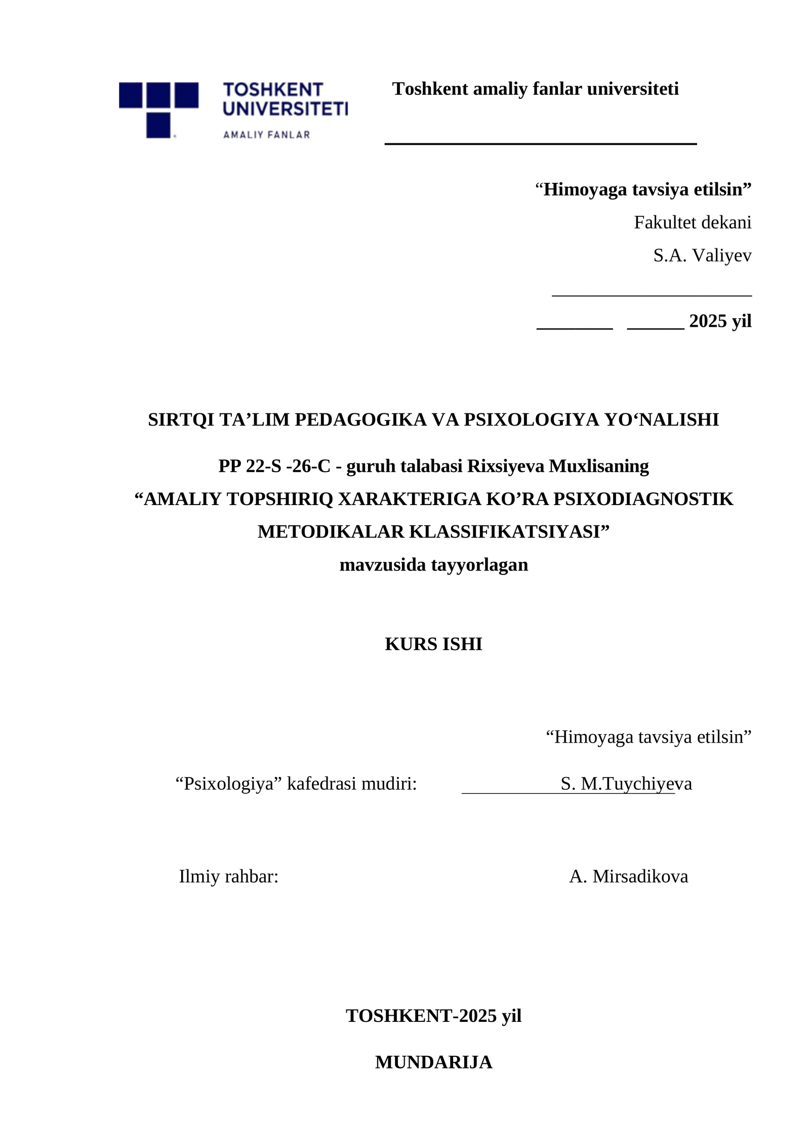 AMALIY TOPSHIRIQ XARAKTERIGA KO’RA PSIXODIAGNOSTIK METODIKALAR KLASSIFIKATSIYASI
