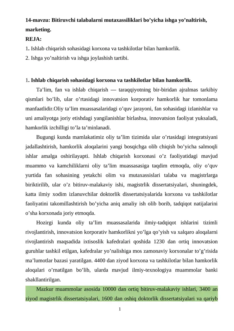 Bitiruvchi talabalarni mutaxassiliklari bo’yicha ishga yo’naltirish, marketing