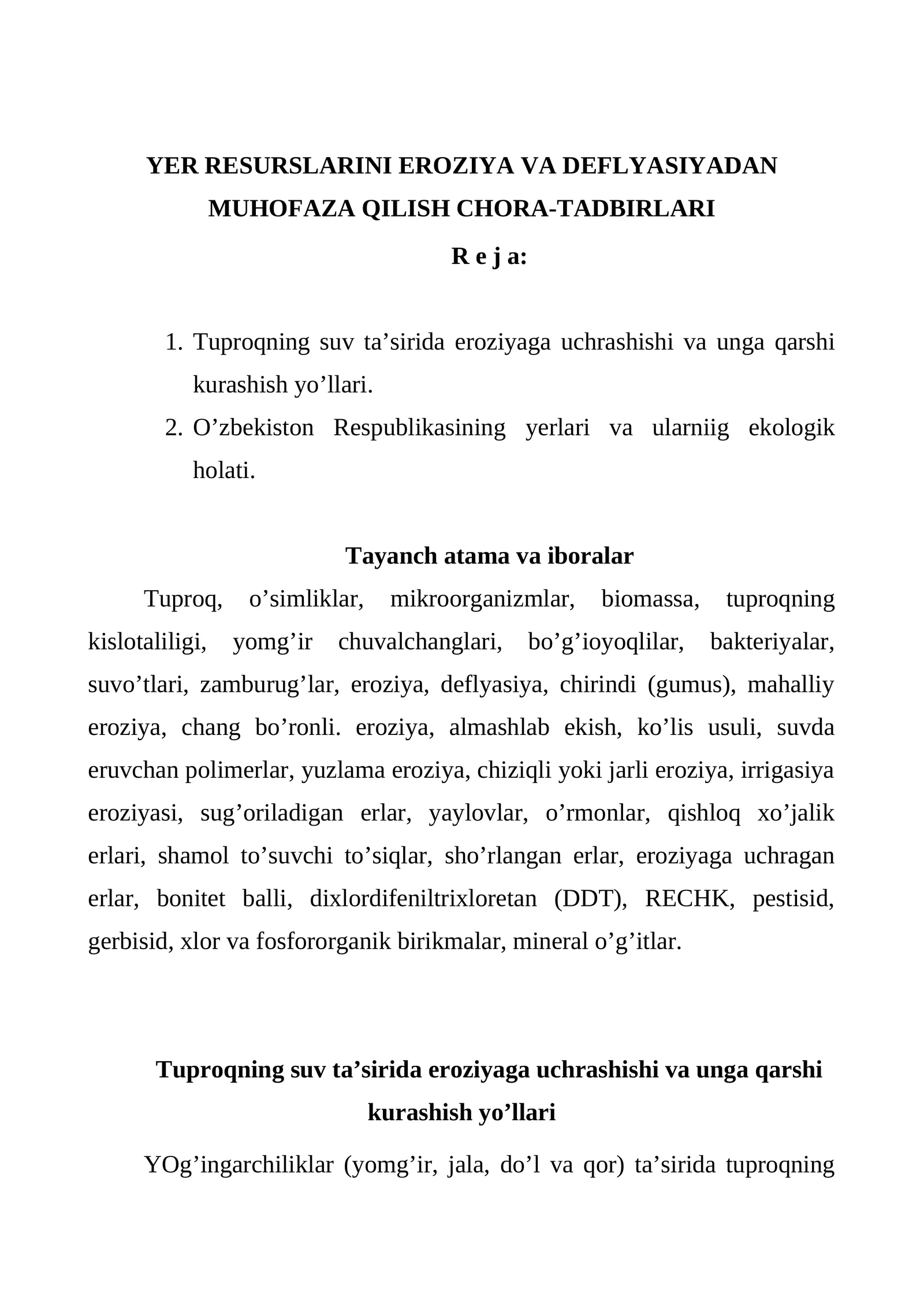 YER RESURSLARINI EROZIYA VA DEFLYASIYADAN MUHOFAZA QILISH CHORA-TADBIRLARI