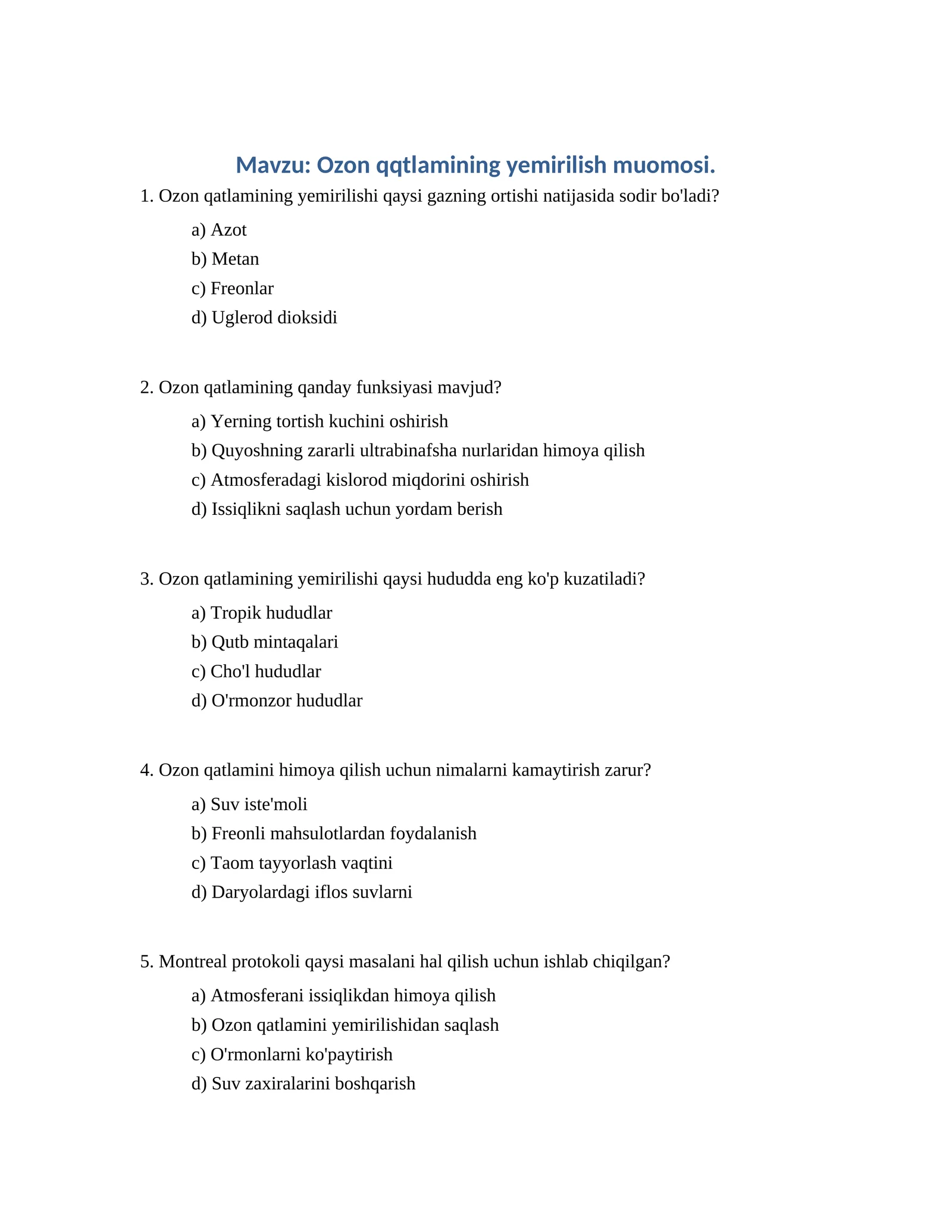 Ozon qqtlamining yemirilish muomosi