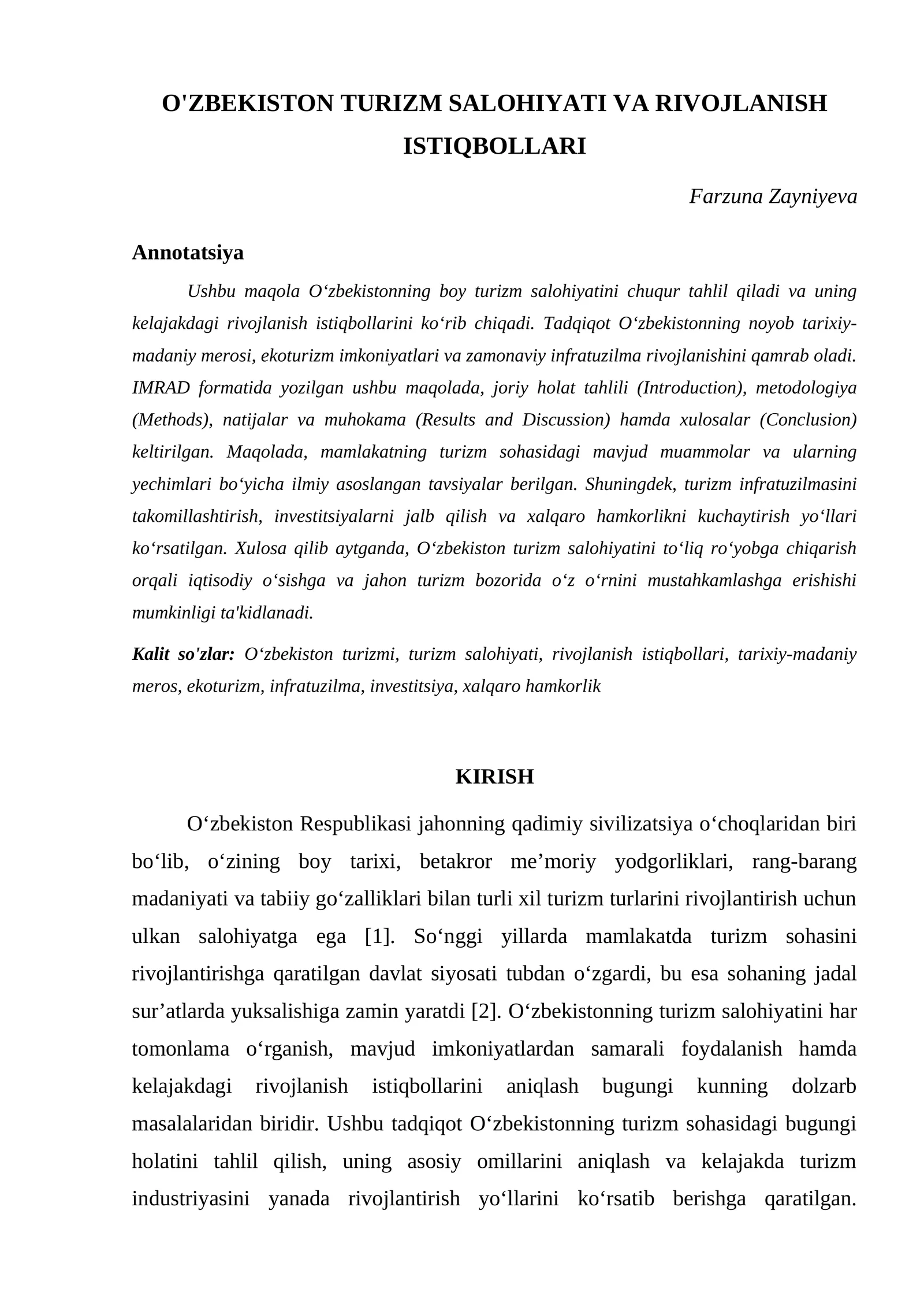 O'ZBEKISTON TURIZM SALOHIYATI VA RIVOJLANISH ISTIQBOLLARI